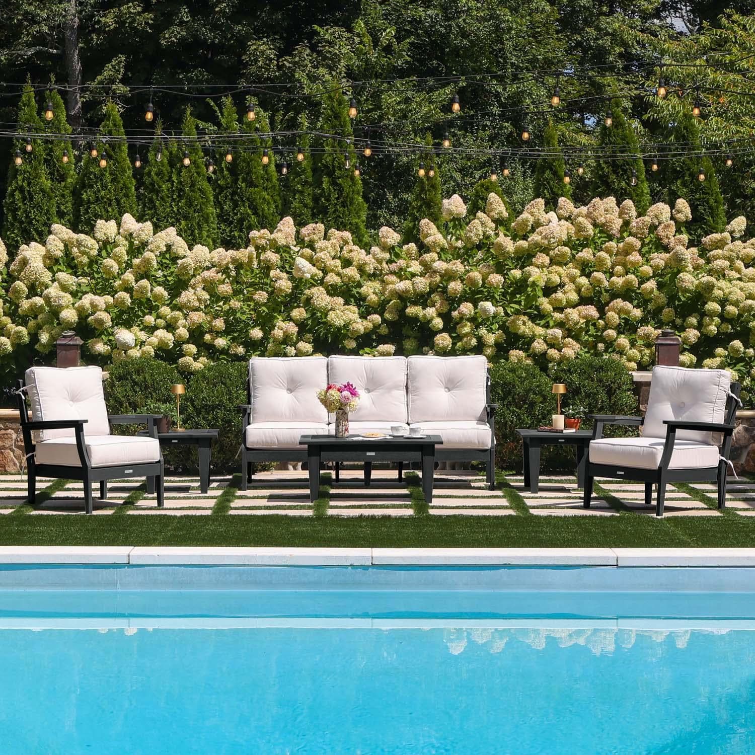 Blushing Bay 6 Pc Recycled Plastic Seating Set w/ Sofa in Bliss Linen/Black by Lakeview Outdoor Designs - By the Pool - Lifestyle thumbnail