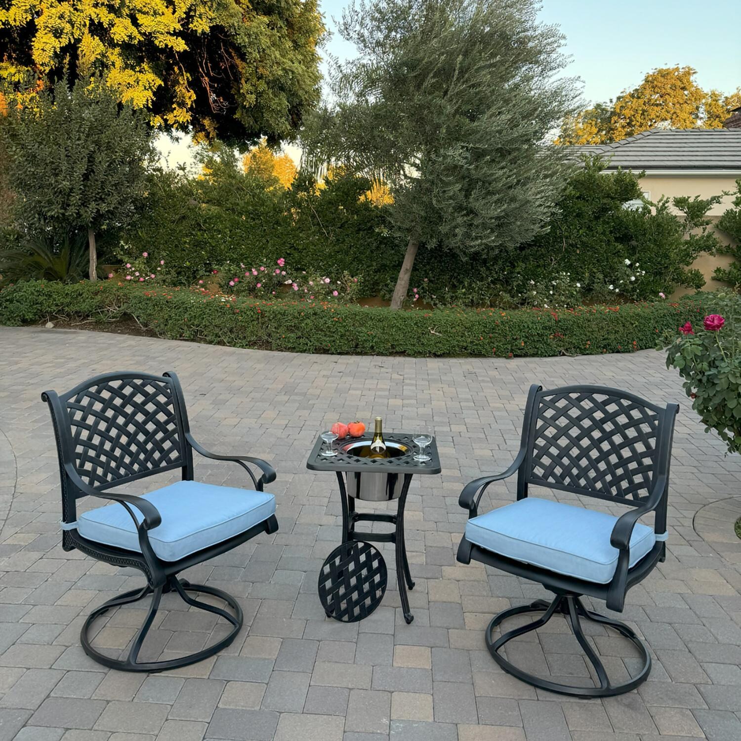 Darlee B/DL13-3PCR-30SQ-B Nassau 3 Pc Cast Aluminum Conversation Set w/ Rocker and Ice Bucket in Antique Bronze w/ Blue Cushions - Set - Lifestyle thumbnail