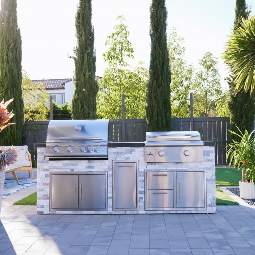 BBQGuys Signature 8 Ft Grill Island w/ 32 Inch Natural Gas Blaze Premium LTE+ Grill & Griddle, Narrow Trash Bin & Door & Drawer | Alaska Gray w/ Black Granite - Front - Lifestyle thumbnail