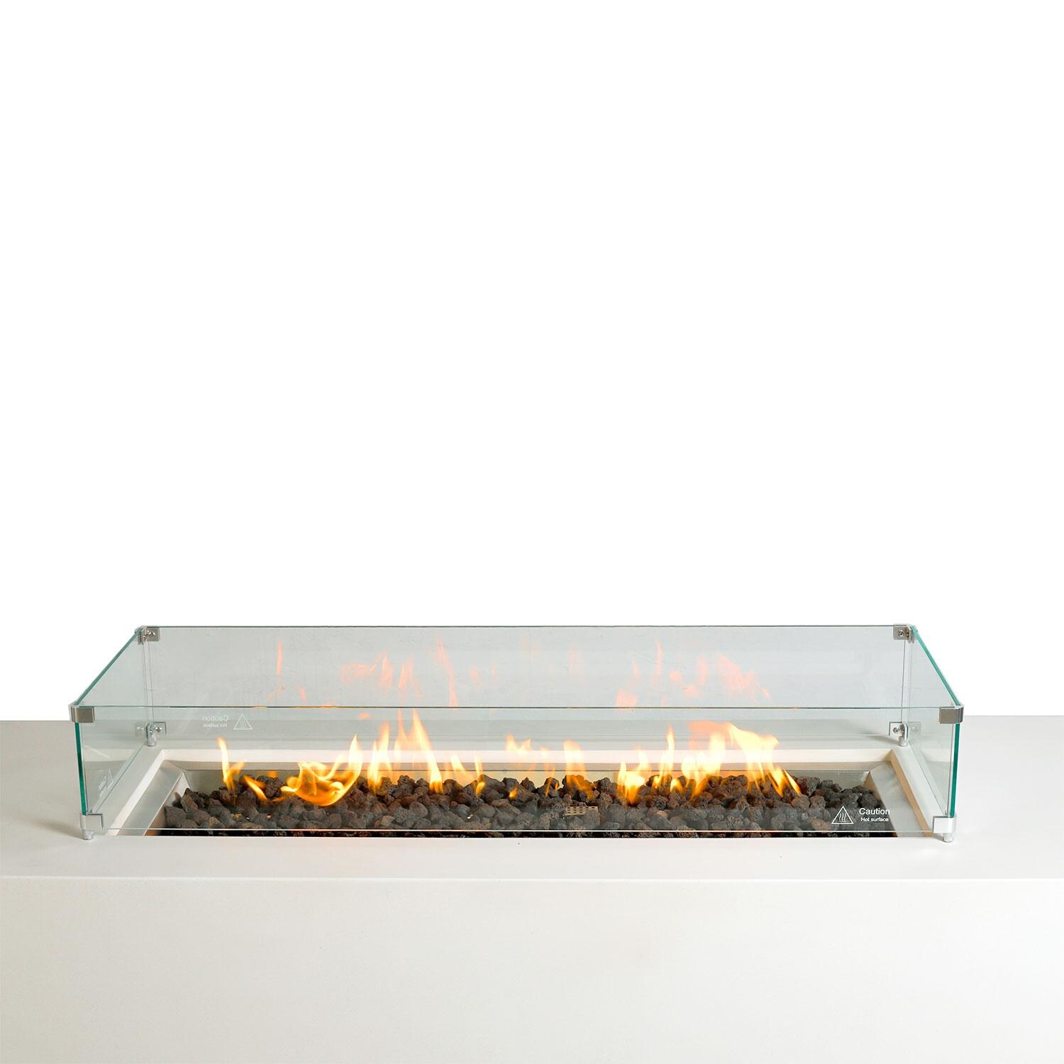 Glenwood 72-in Rectangular Concrete Propane Fire Pit in White w/ Hidden Propane Tank by Lakeview Outdoor Designs - Glass Wind Guard - Close Up View - White Background thumbnail