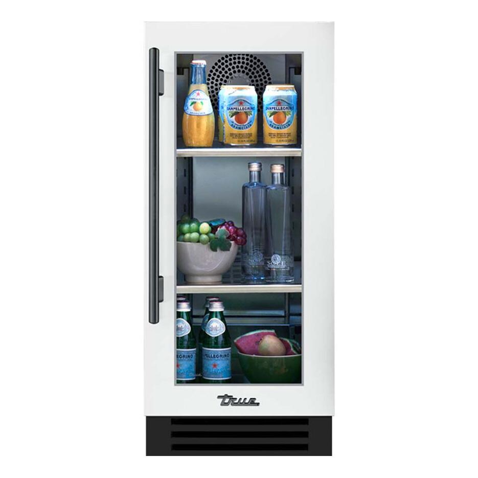 True TUR-15-R-OG-C~DSK-030-H05 15 Inch 3.14 Cu. Ft. Right Hinge Glass Door Outdoor Refigerator - Matte White w/ Pewter Handles - White Background thumbnail