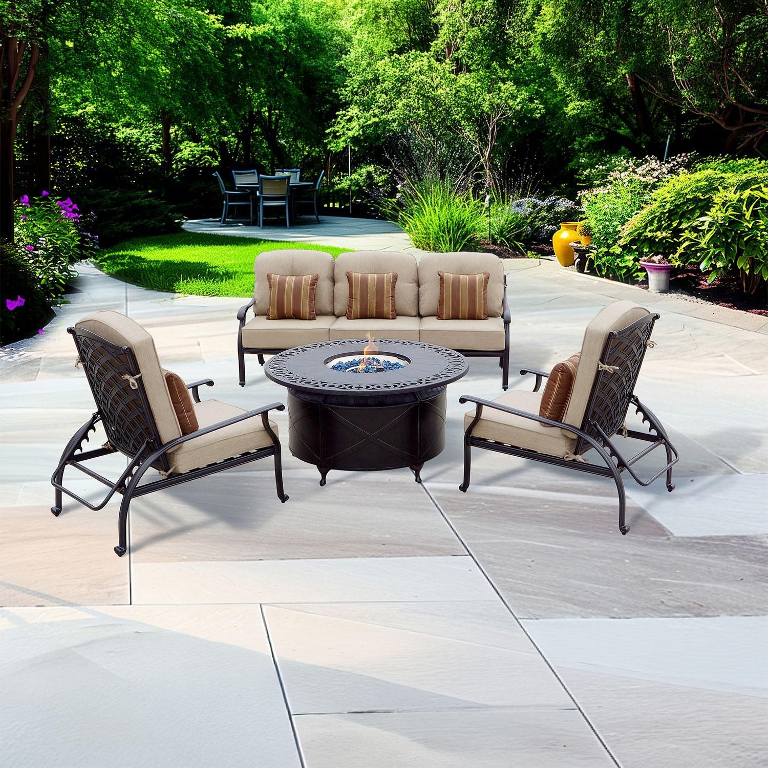 Darlee Nassau 4 Pc Cast Aluminum Fire Pit Seating Set w/ 47 Inch Table w/ Reclining Chairs & Throw Pillows in Antique Bronze/Beige Canvas by