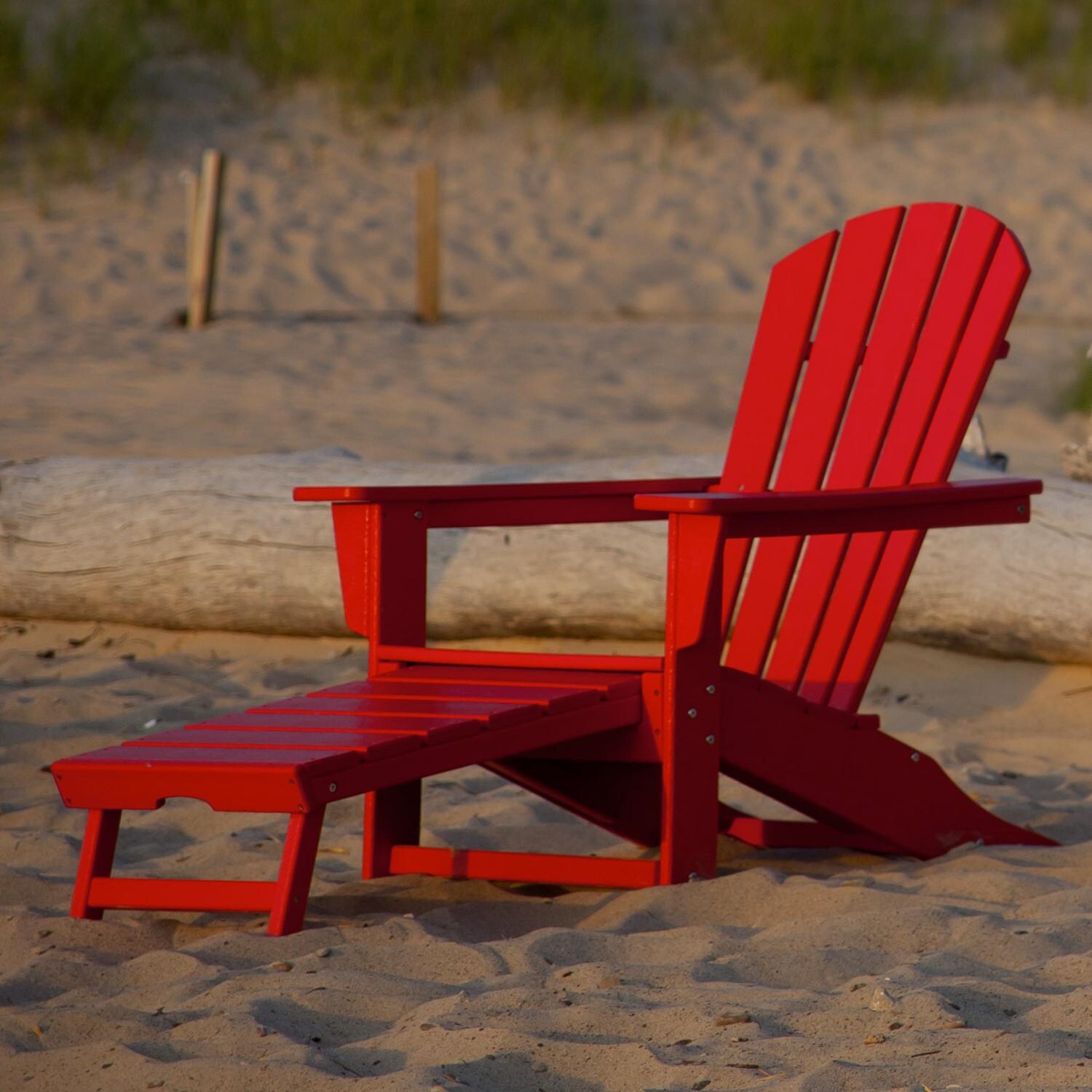 POLYWOOD Palm Coast Recycled Plastic Wood Patio Adirondack with Hideaway Ottoman - Sunset Red - On the Beach With Ottoman Extended thumbnail