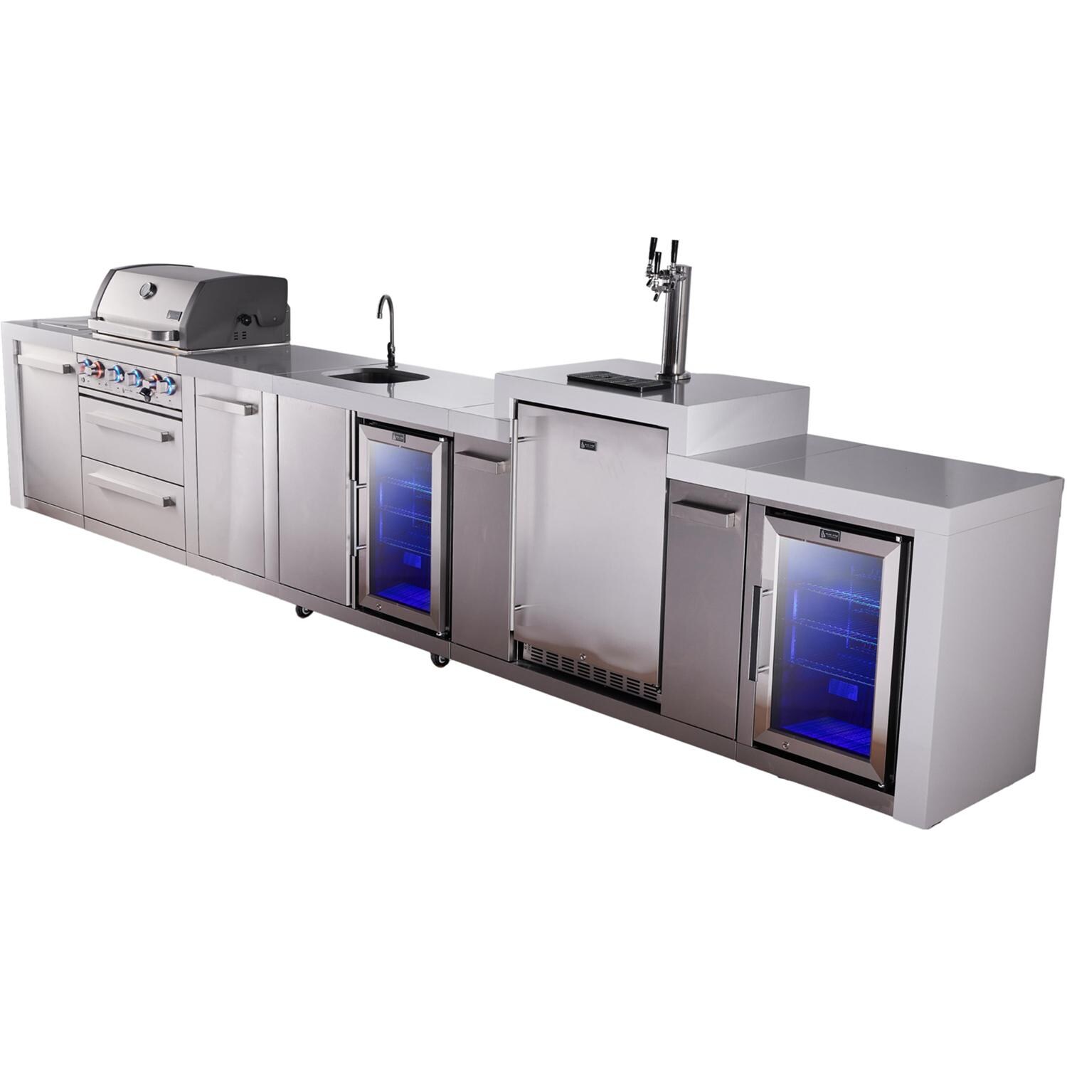 Mont Alpi Deluxe Series 16 Ft Propane Outdoor Kitchen Island w/ 32-in Grill, Side Burner, Beverage Center, Kegerator, Fridge & Extra Door - MAi400-DKEGBEVFCXL - Angled Right - White Background thumbnail