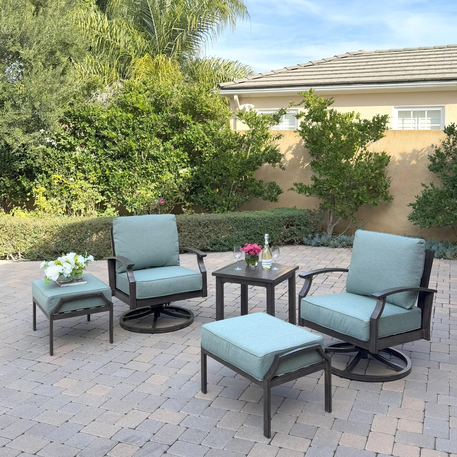 Atlantis 5 Pc Aluminum Seating Set w/ 2 Swivel Rocker Club Chairs & 2 Ottomans in Walnut/Spa by Darlee - Hero - Lifestyle thumbnail