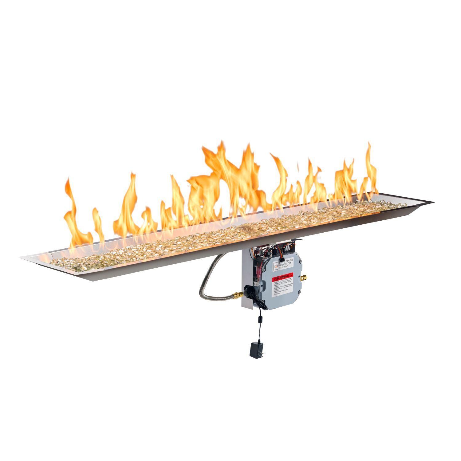 The Outdoor GreatRoom Company CFP1264DSILP-B Crystal Fire Plus 64-in Linear Electronic Ignition Propane Gas Fire Pit Burner Kit - On - White Background thumbnail