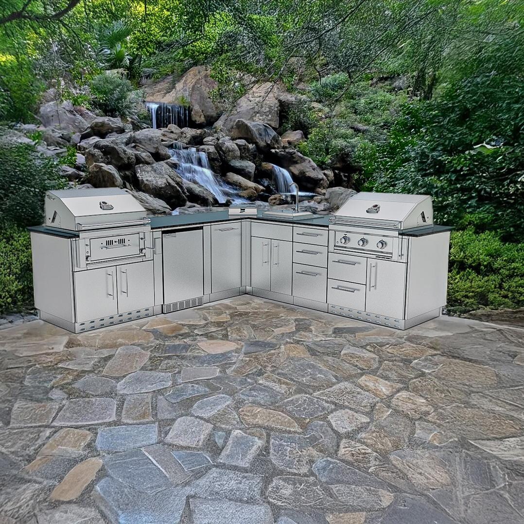 Sunstone Grills SCPTXTANGO19-NG Texas Tango 19 Ft Outdoor Kitchen Island w/ Natural Gas Grill & Side Burner, Sink, Refrigerator, Trash Bin, Door & Drawer - On Patio Grills Apart - Lifestyle thumbnail