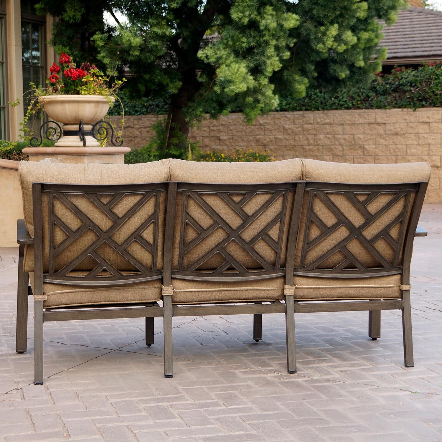 Brooklyn 3 Pc Aluminum Seating Set Fire Pit in Multi-brown/Sesame by Darlee - Sofa Back View - Lifestyle thumbnail