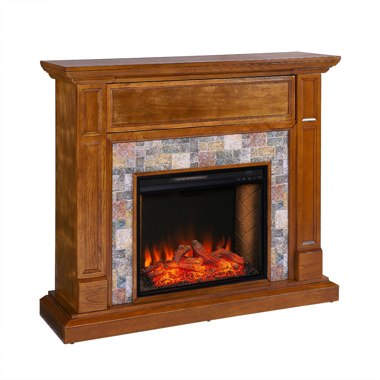 Southern Enterprises FS9319 Vogelsdon 48-Inch Electric Fireplace W/ Alexa-Enabled Smart Firebox - Dark Sienna W/ Faux Stone - Angle View thumbnail