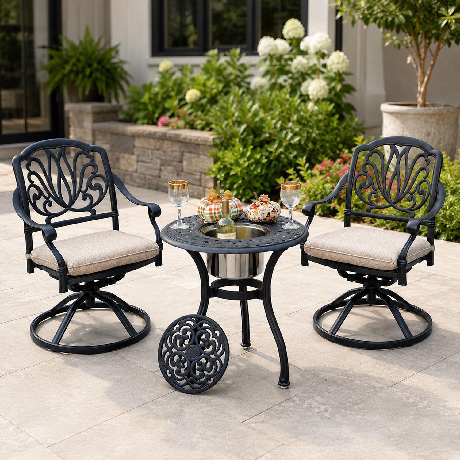 Darlee Elisabeth 3 Pc Cast Aluminum Bistro Set w/ 24 Inch Series 60 Ice Bucket End Table & in Antique Bronze/Beige Canvas - Set - Lifestyle thumbnail