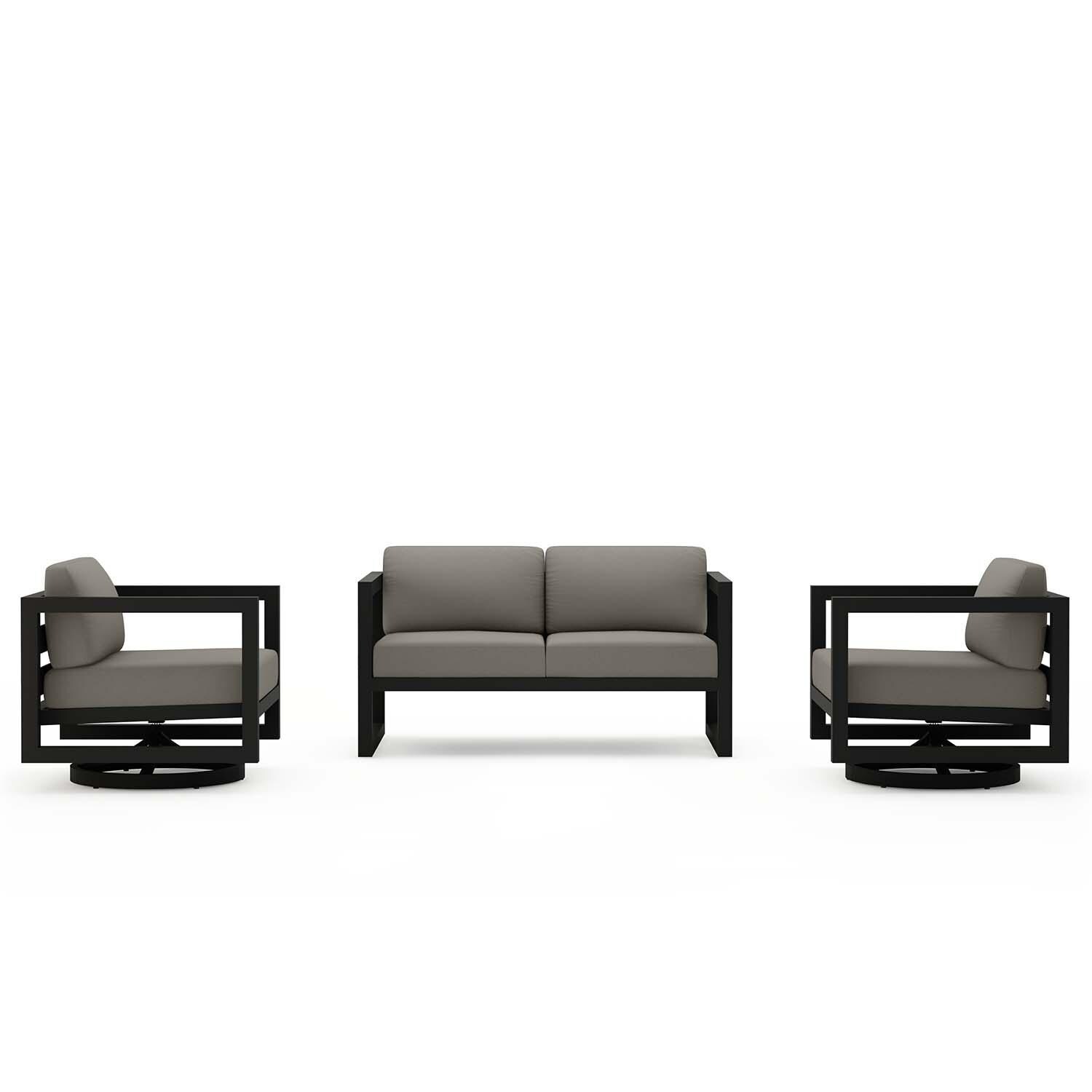 Misty Cove 3 Pc Aluminum Loveseat Seating Set w/ Swivel Chairs in Black/Canvas Charcoal by Lakeview Outdoor Designs - Front View - White Background thumbnail