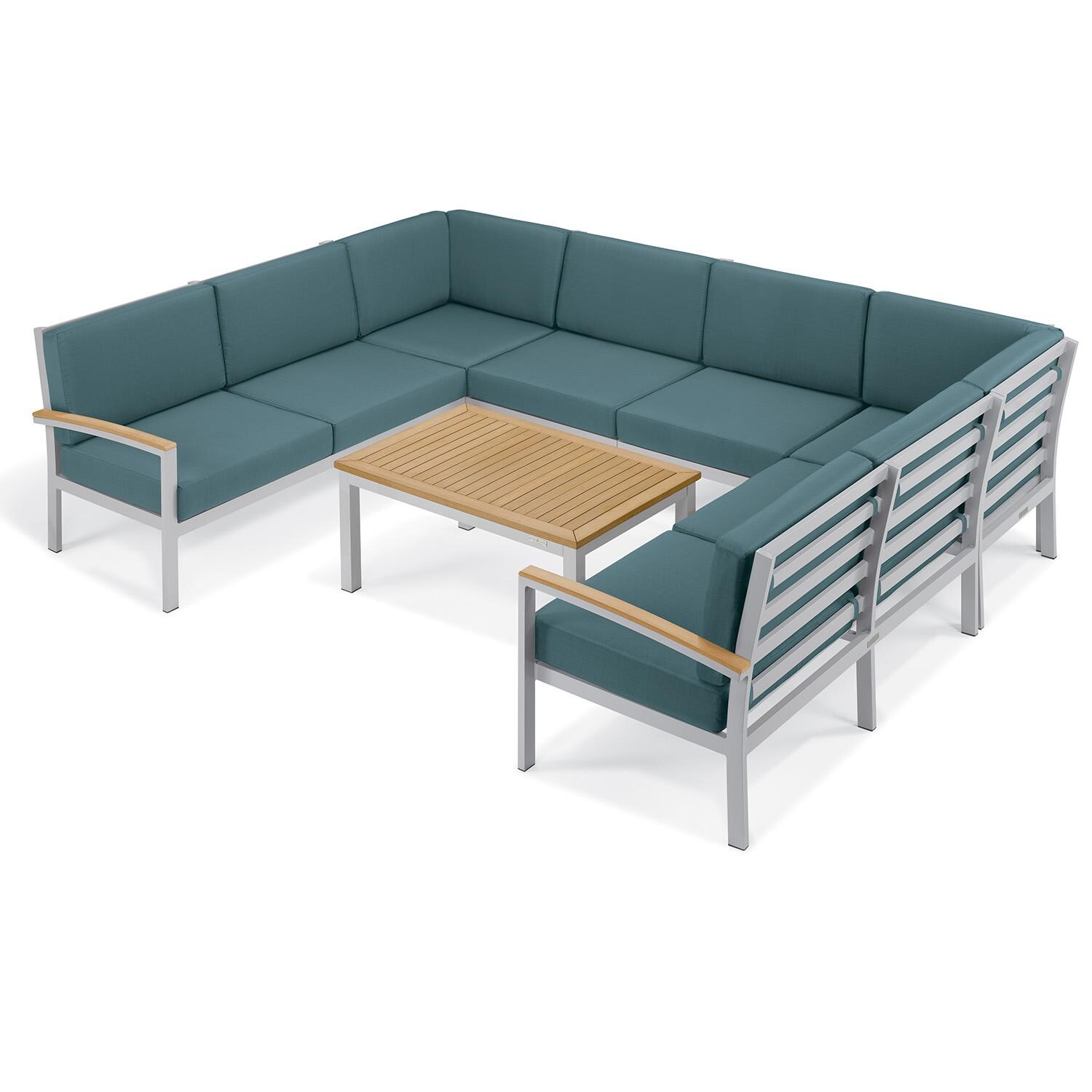 Oxford Garden 5271-PC.F Travira 7 Pc Aluminum Seating Set w/ Coffee Table in Natural Tekwood/ Ice Blue by Oxford Garden - Set - White Background thumbnail