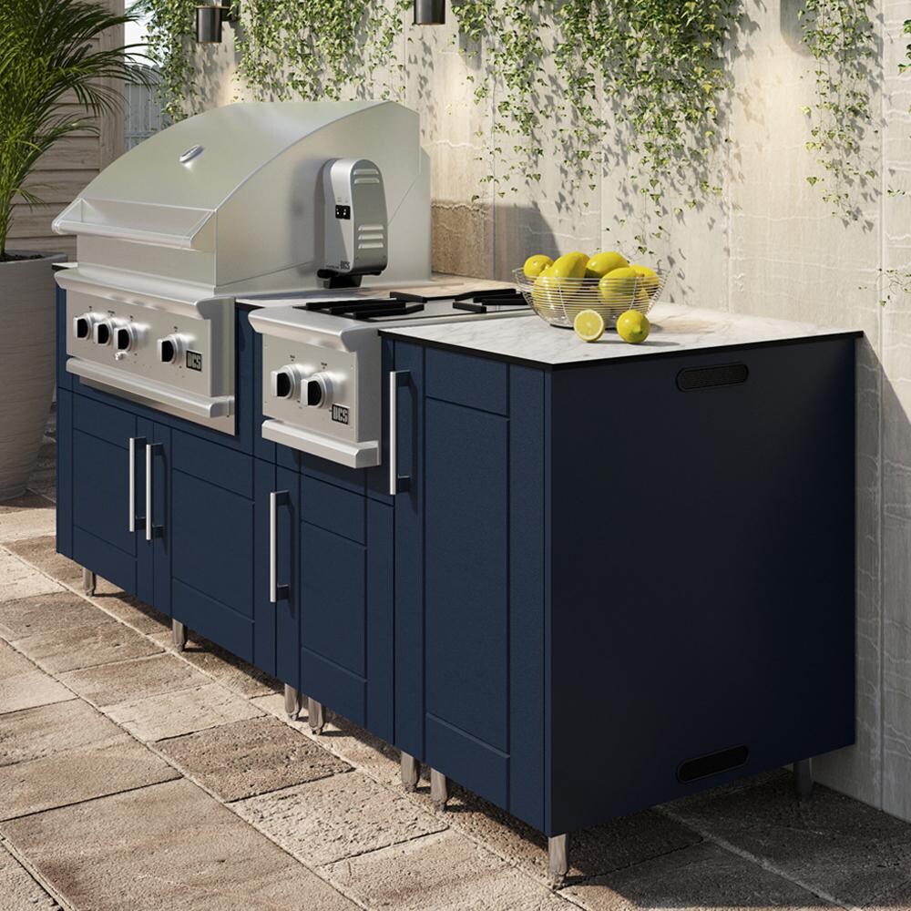 WeatherStrong Abaco 7 Ft Outdoor Kitchen Island w/ Blaze Natural Gas Grill & Side Burner in Sapphire Blue/Glacier Frost - On Patio - Lifestyle thumbnail