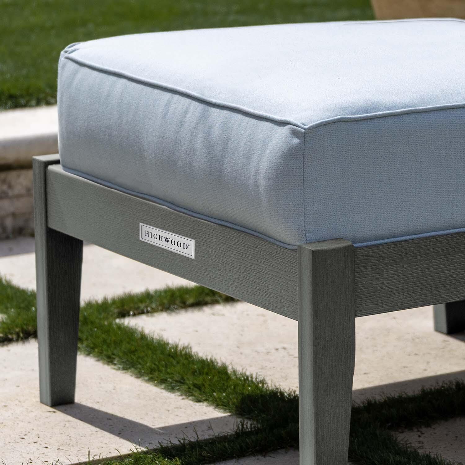 Blushing Bay Recycled Plastic Ottoman in Bliss Dew/Coastal Teak by Lakeview Outdoor Designs - Close Up - Lifestyle thumbnail