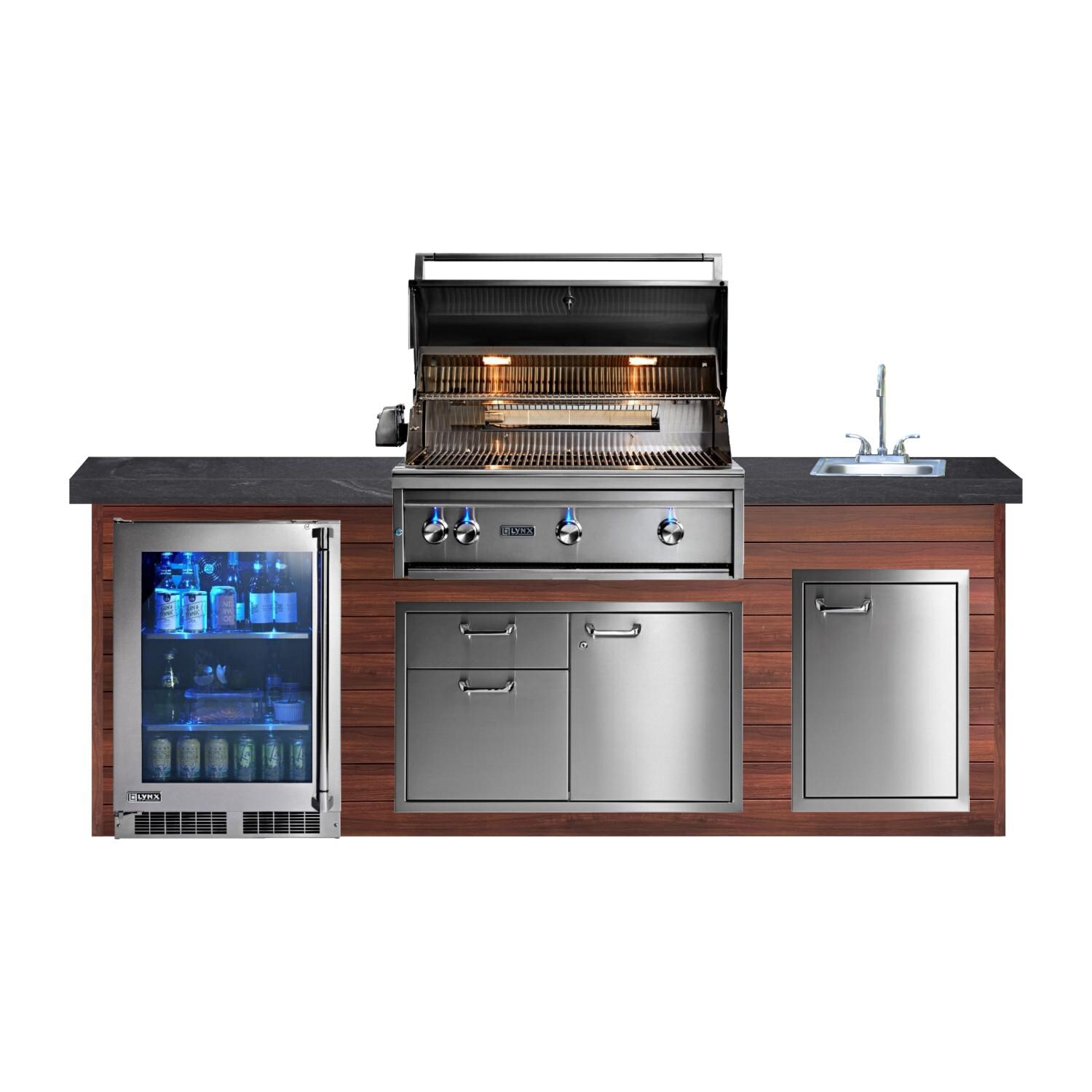 BBQGuys Signature 8ft Luxury Outdoor Kitchen w/ Lynx Professional 36-Inch Natural Gas Grill, Refrigerator & Sink - Dark National Walnut Aluminum w/ Black Polished Granite
