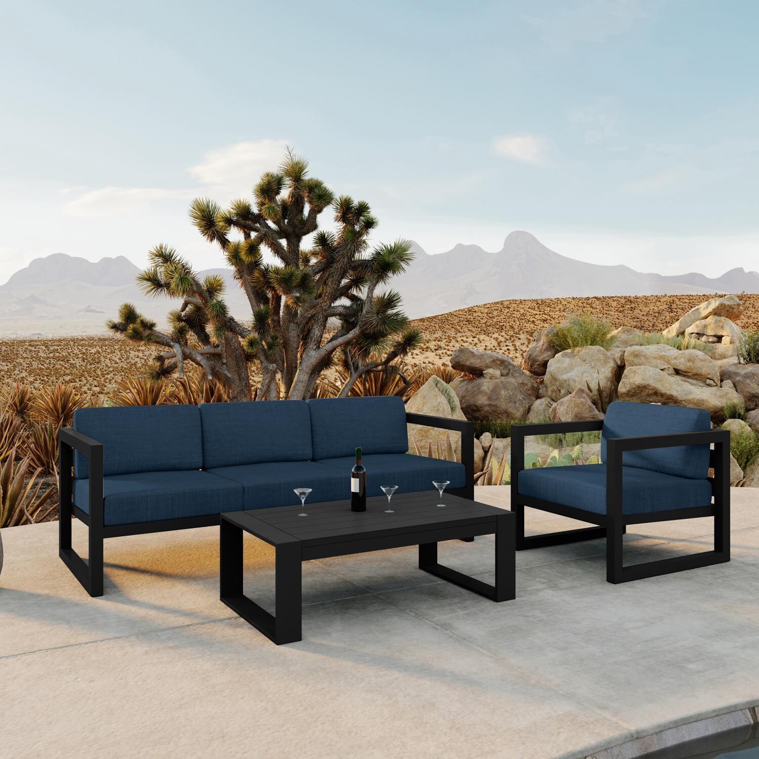 Lakeview MSTYCV-BK-3SS-IN Misty Cove 3 Pc Aluminum Seating Set in Black w/Portal Coffee Table & Spectrum Indigo Cushions by Lakeview Outdoor Designs - By the Pool - Lifestyle thumbnail