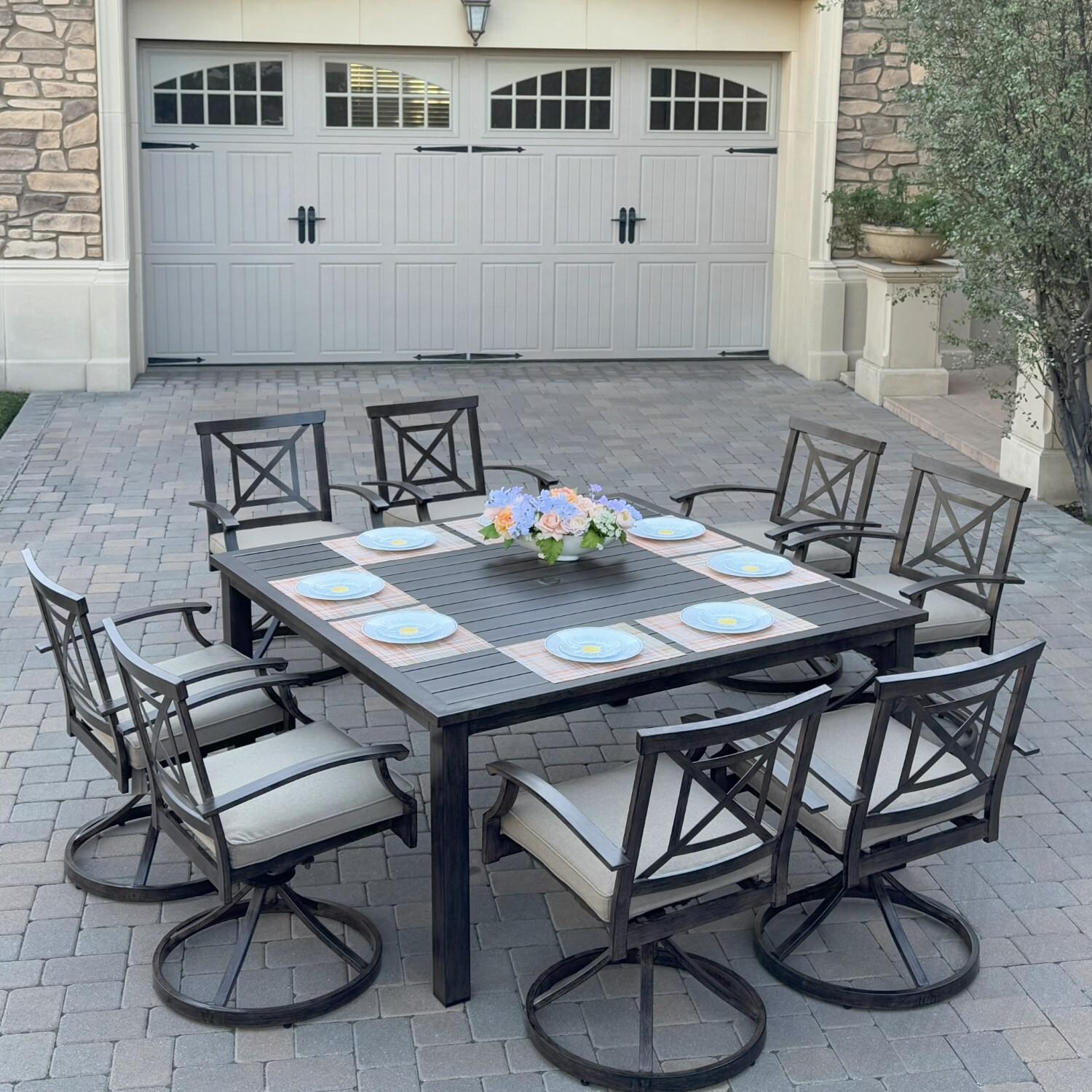 Atlantis 9 Pc Aluminum Dining Set w/ 8 Swivel Rocker Dining Arm Chairs in Walnut/Beige by Darlee