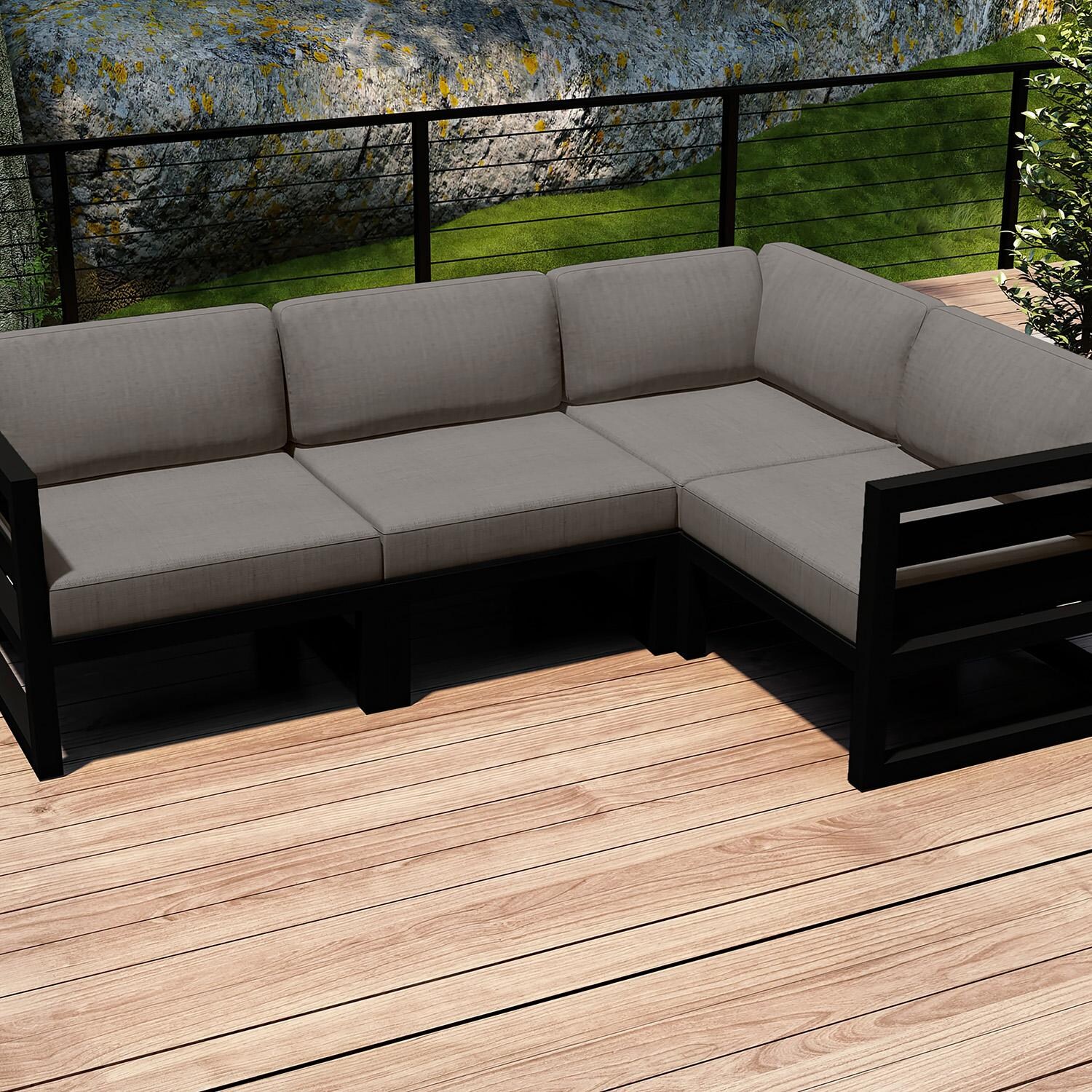 Lakeview MSTYCV-BK-4SEC-CC Misty Cove 4 Pc Aluminum Sectional Set in Black w/Canvas Charcoal Cushions by Lakeview Outdoor Designs - Set on Deck Cropped - Lifestyle thumbnail