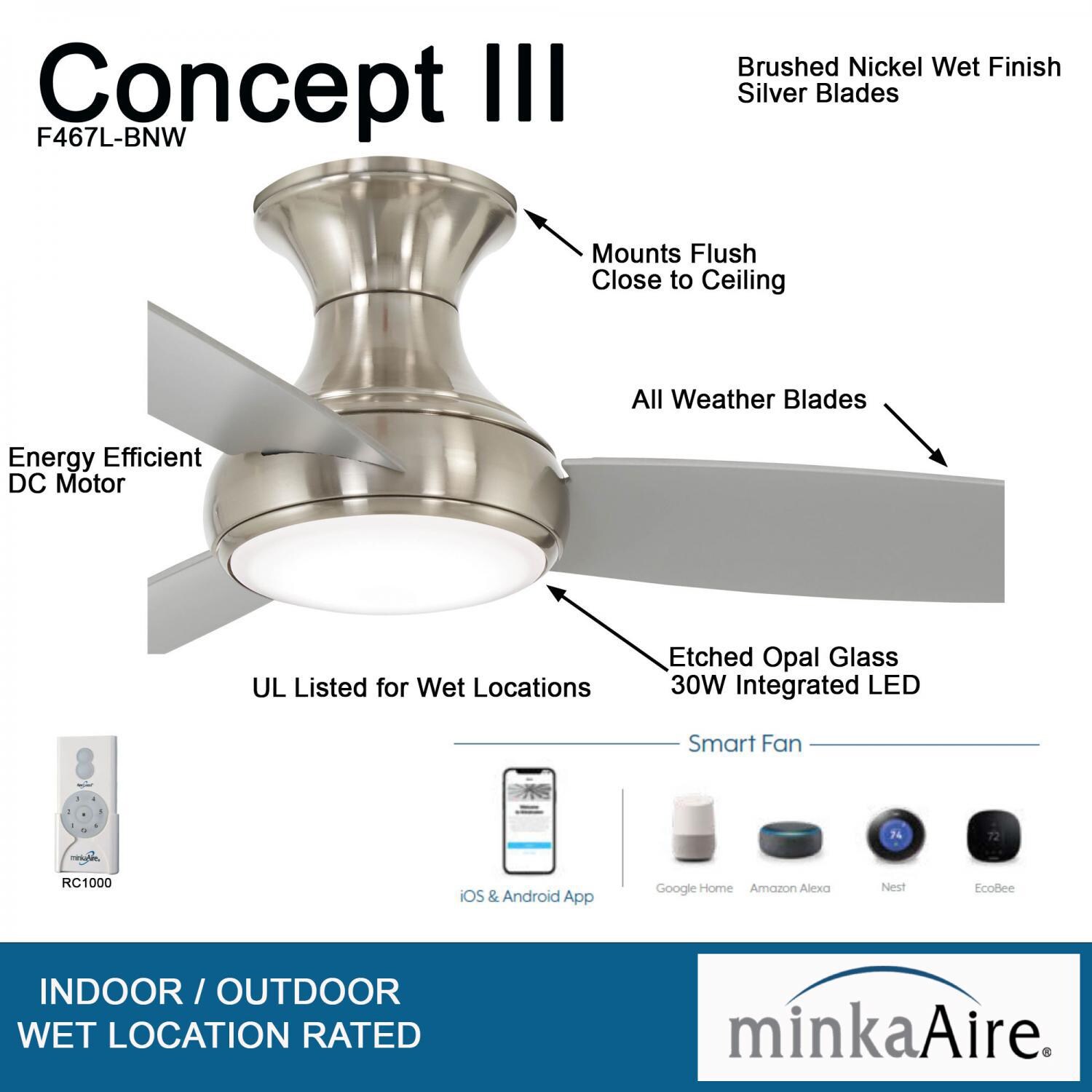 Minka-Aire F467L-BNW Concept III 54-Inch 3-Blade LED Smart Ceiling Fan in Brushed Nickel Wet Finish W/ Silver Blades & Etched Opal Glass - Fan Details thumbnail