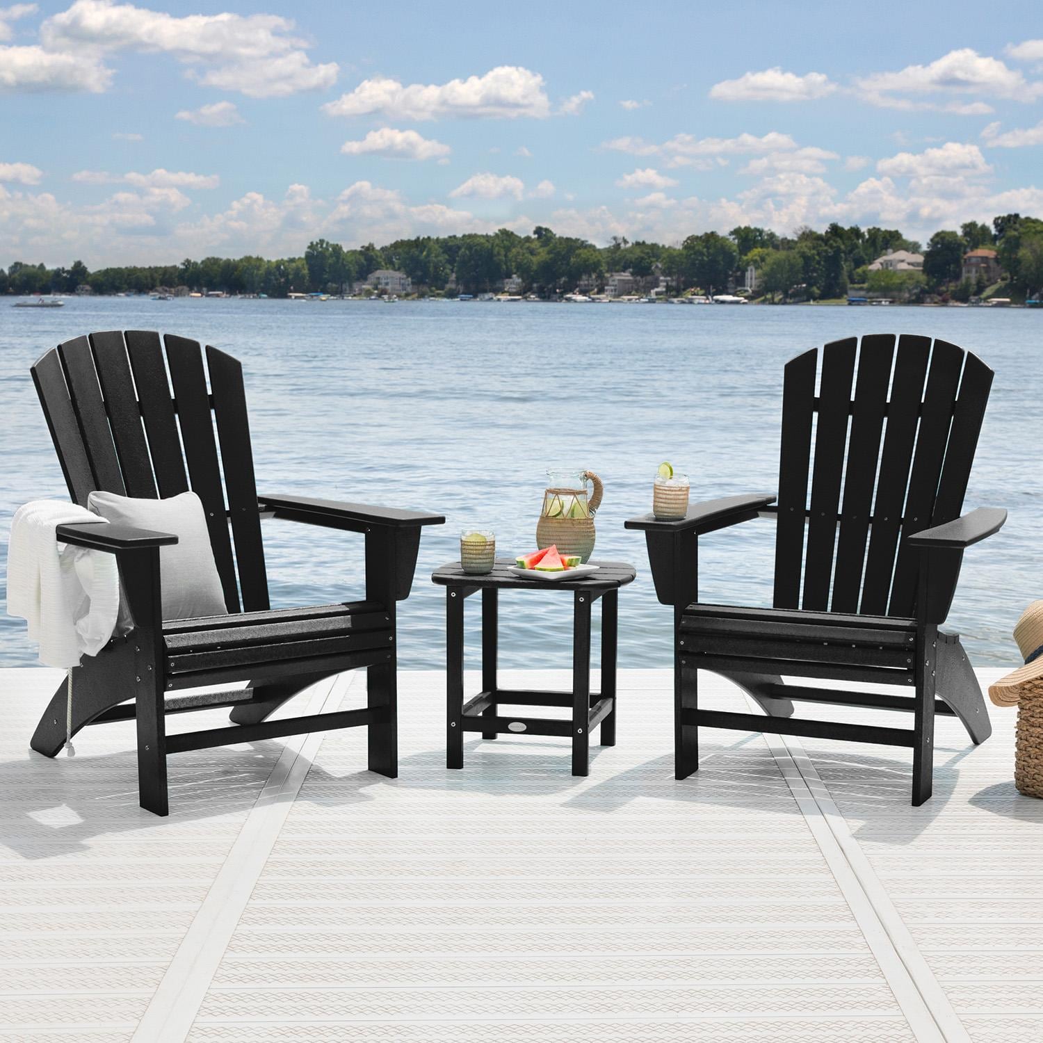 Nautical 3 Pc Recycled Plastic Seating Set w/ Curveback Chairs in Black by POLYWOOD