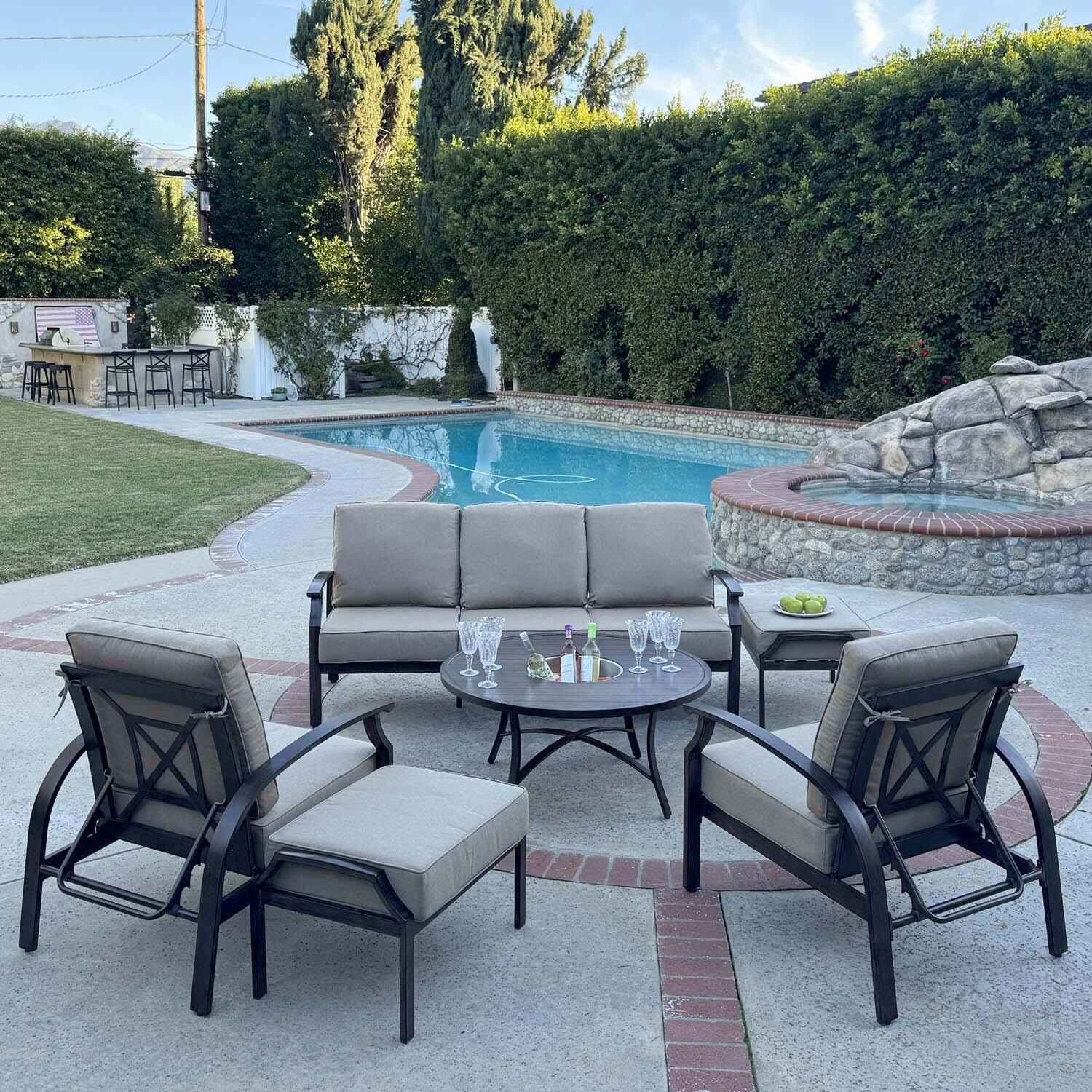 Atlantis 6 Pc Aluminum Seating Set w/ Round Ice Bucket Chat Table in Walnut/Beige by Darlee