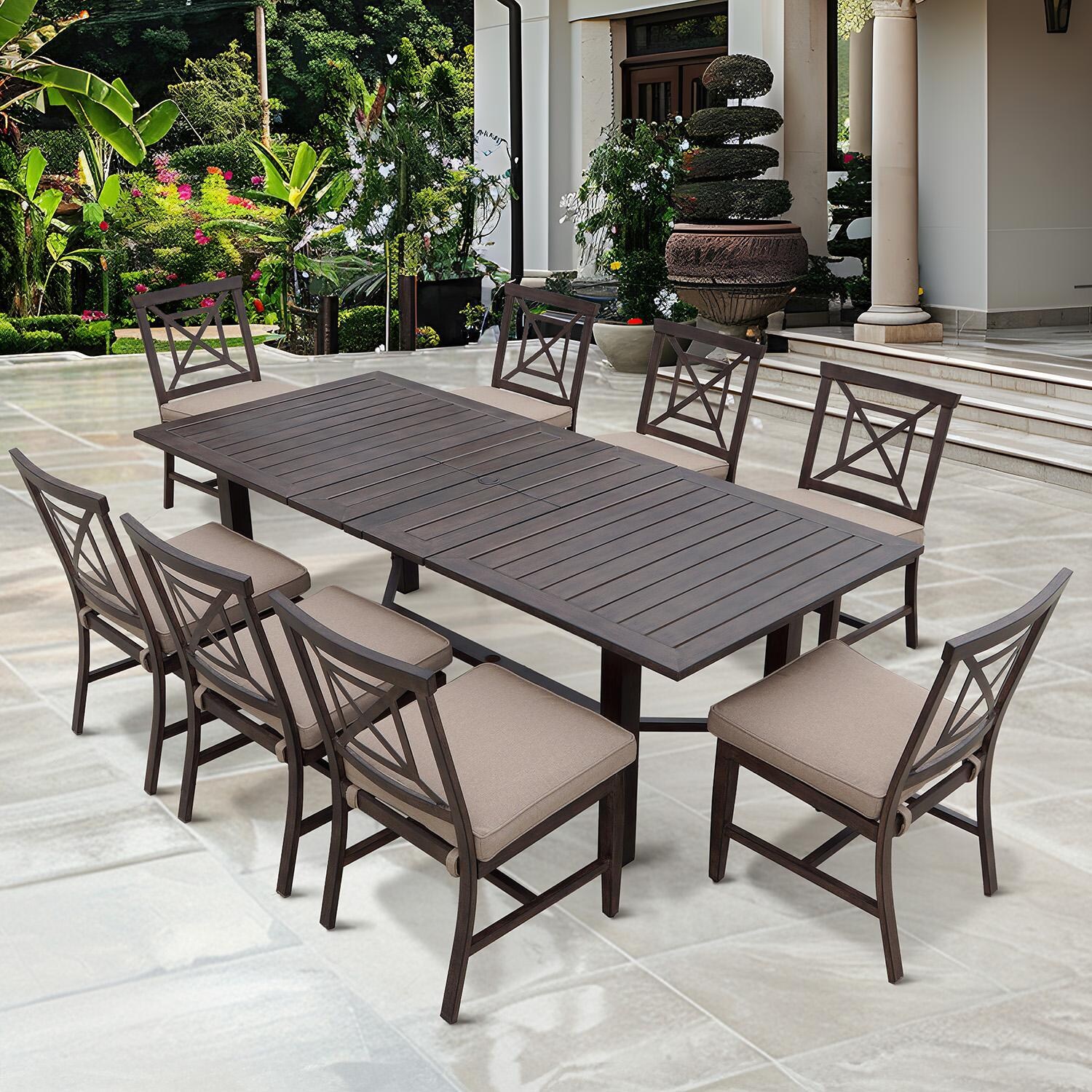 Atlantis 9 Pc Aluminum Dining Set w/ 91 Inch Table and Beige Cushions in Walnut By Darlee - On Patio - Lifestyle thumbnail