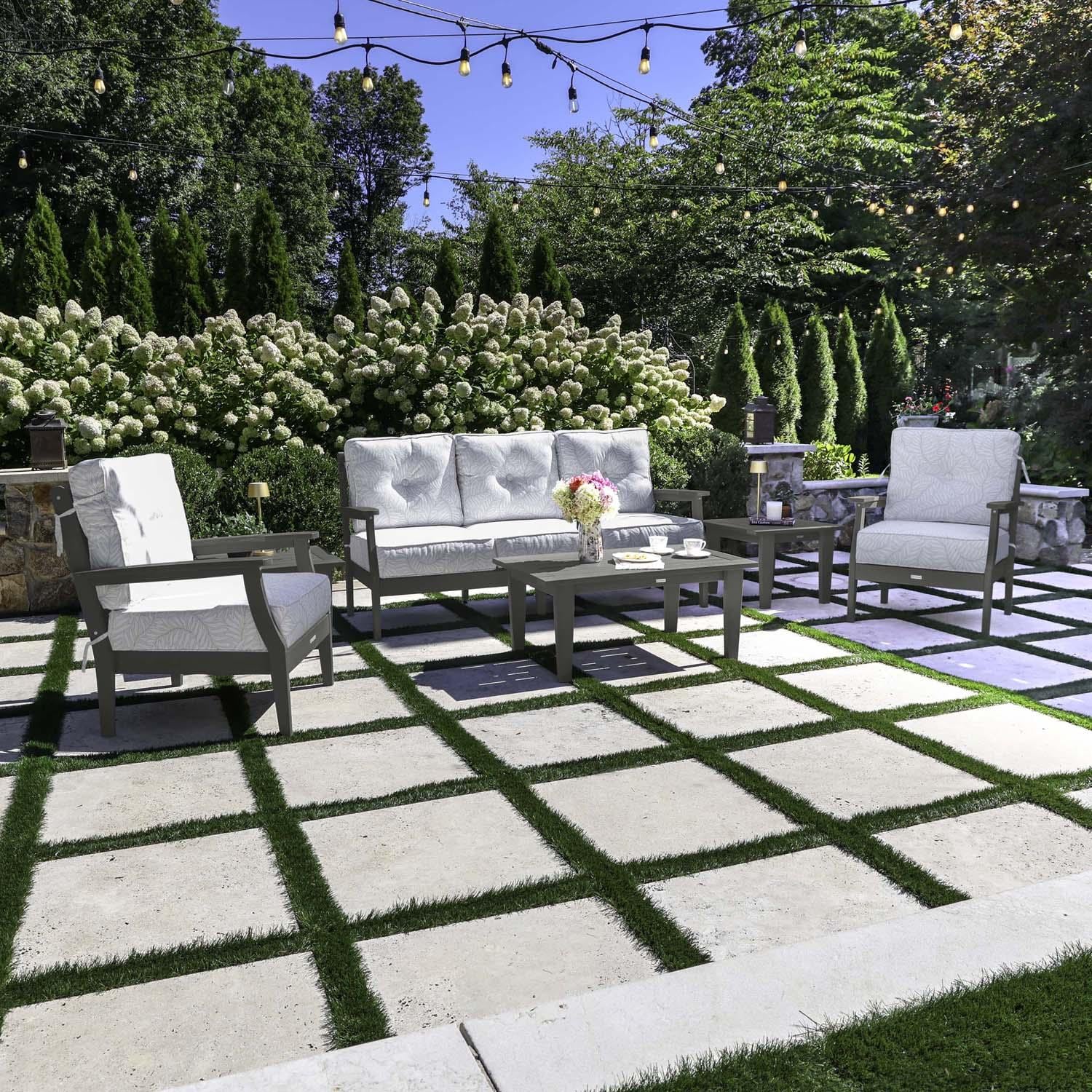 Blushing Bay 6 Pc Recycled Plastic Seating Set w/ Sofa in Lively Parchment/Coastal Teak by Lakeview Outdoor Designs