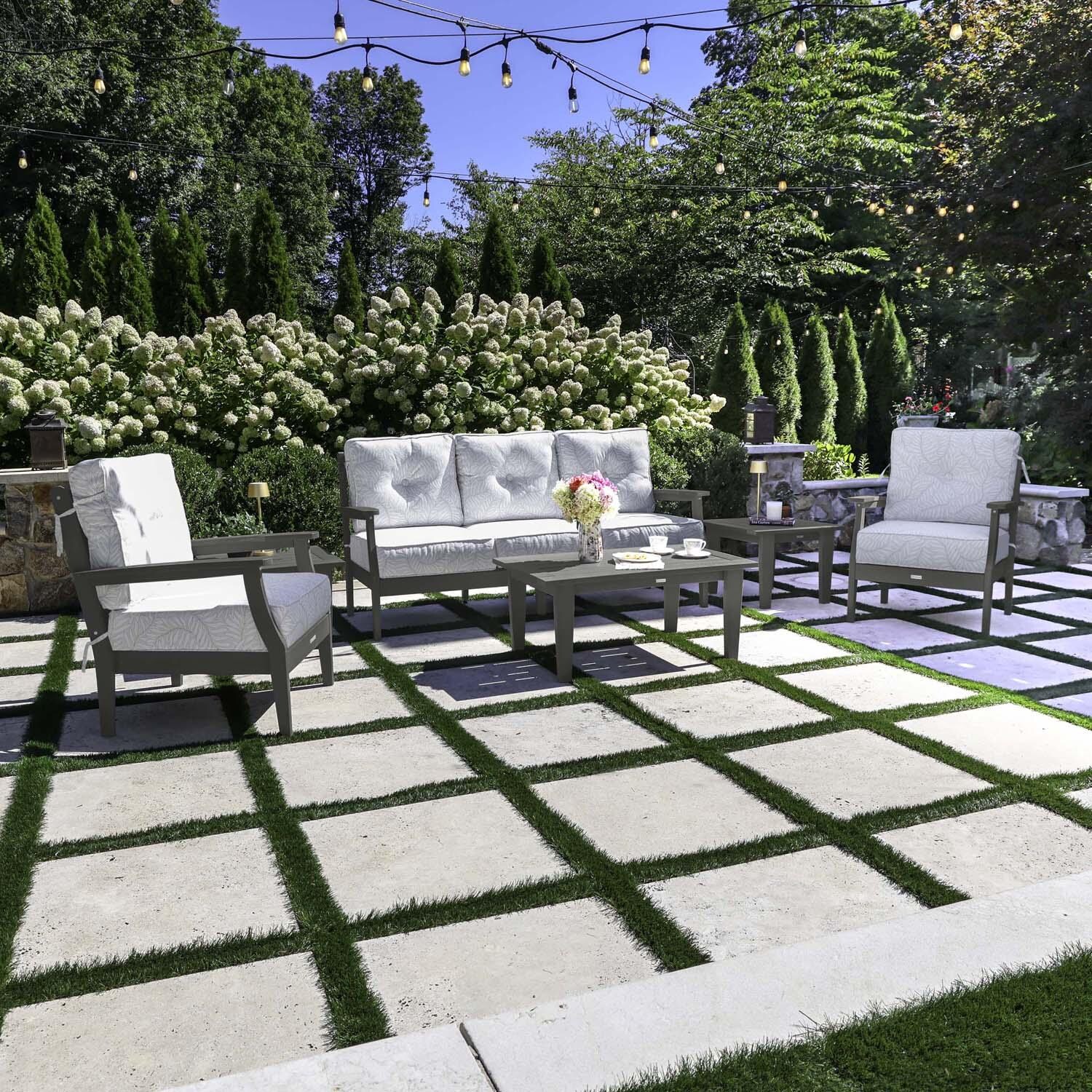 Blushing Bay 6 Pc Recycled Plastic Seating Set w/ Sofa in Lively Parchment/Coastal Teak by Lakeview Outdoor Designs