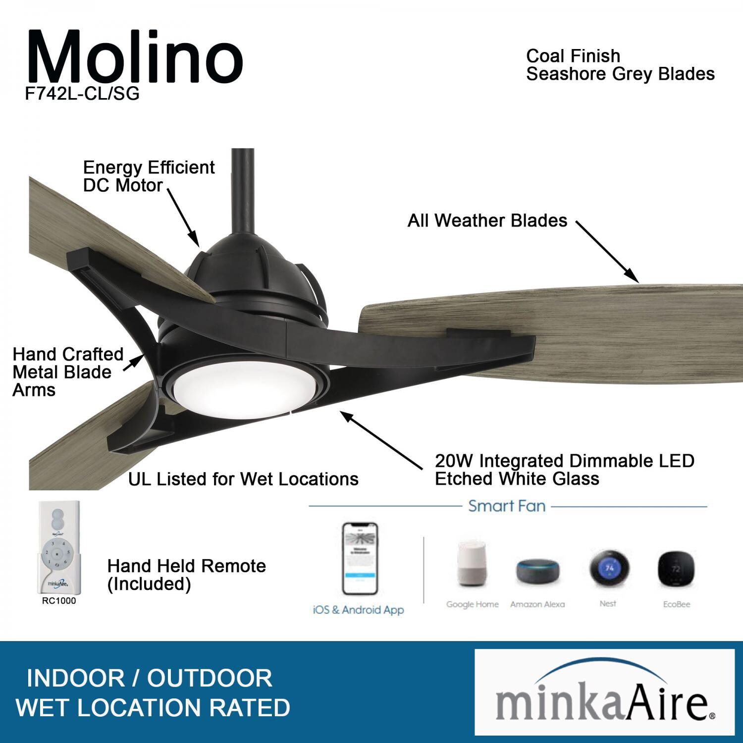 Minka-Aire F742L-CL/SG Molino 65-Inch 3-Blade LED Smart Ceiling Fan in Coal Finish w/ Seashore Grey Blades & Etched White Glass - Details thumbnail