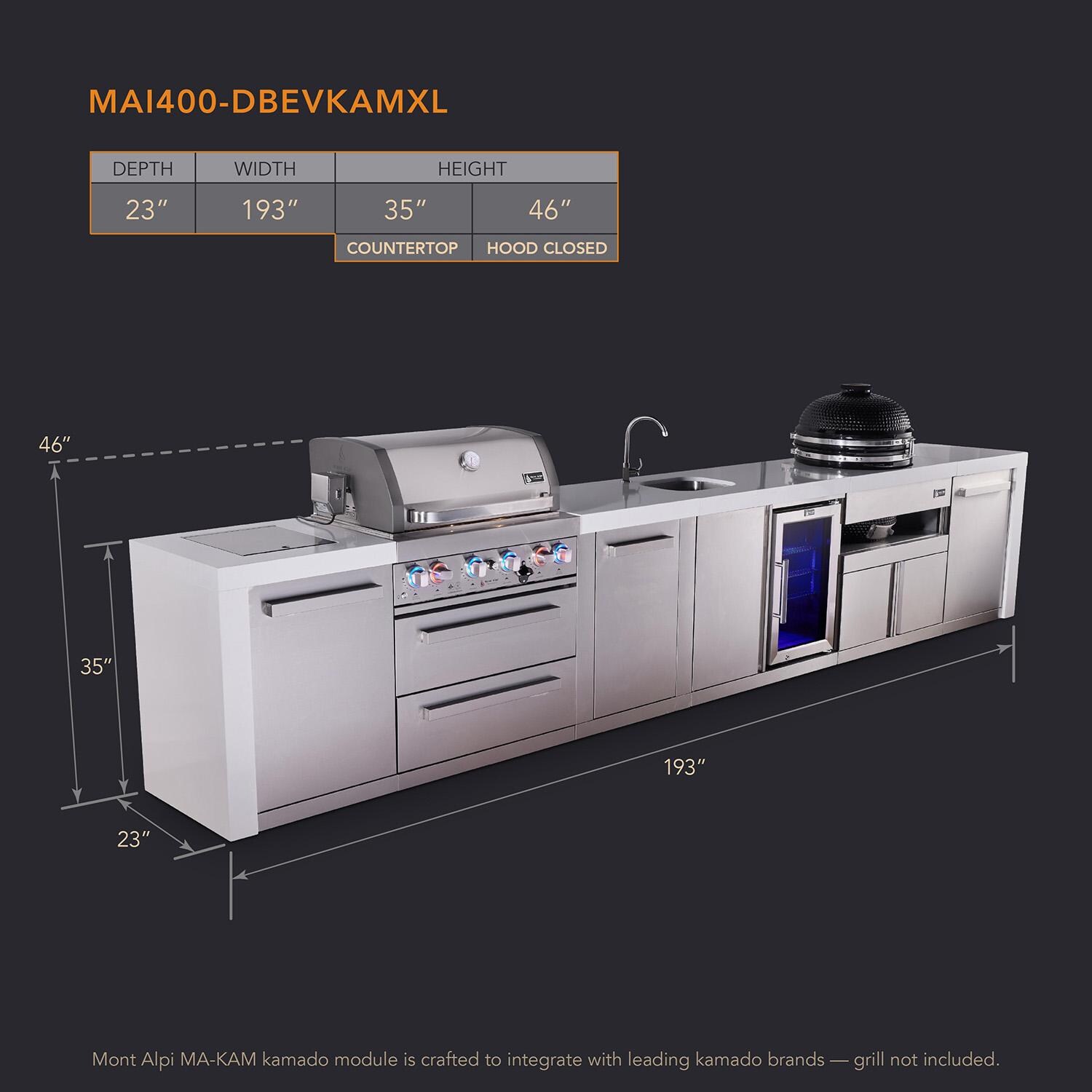 Mont Alpi Deluxe Series 15 1/2 Ft Natural Gas Outdoor Kitchen Island w/ 32-in Grill, Side Burner, Beverage Center, Kamado Module & Extra Door (Ships Propane w/ Conversion Kit) - Dimensions - Dimensional thumbnail