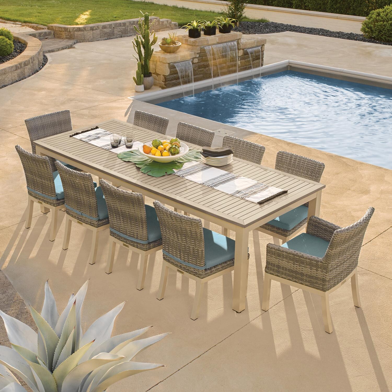 Oxford Garden Argento 2 Pc Wicker Dining Side Chair W/ Ice Blue Cushion in Flint/Argento - Poolside Dining (Set W/ Side & Arm Chairs) thumbnail