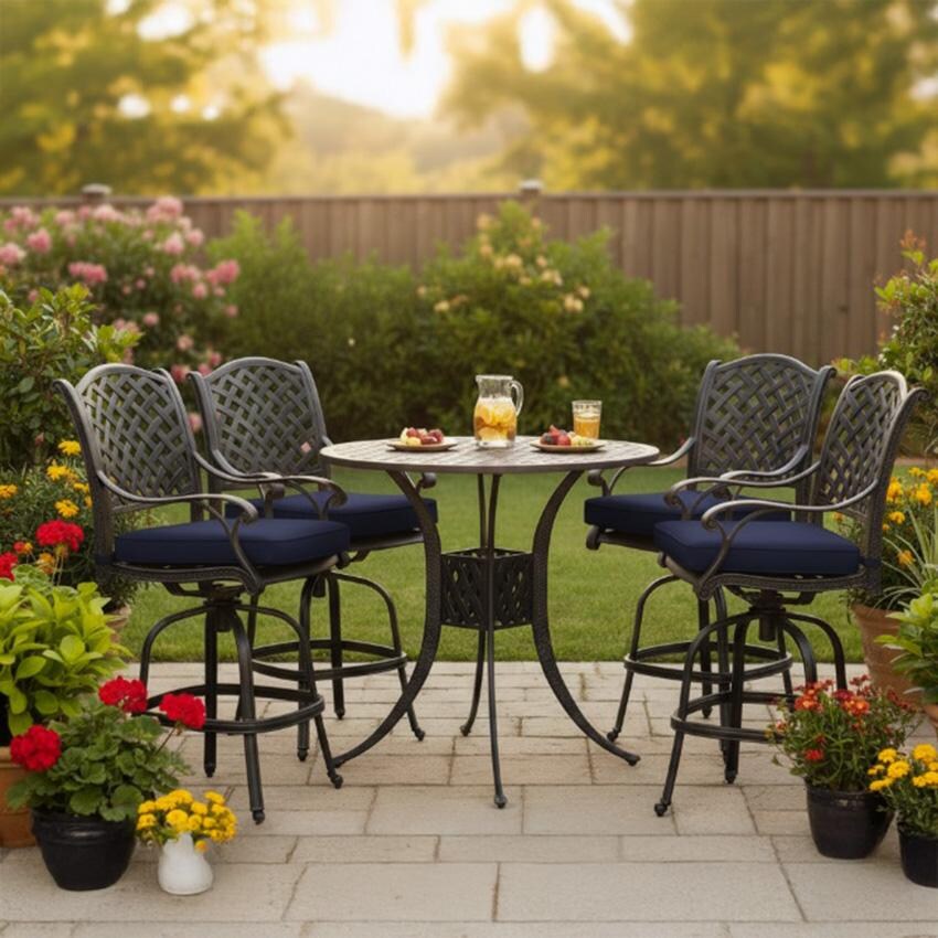 Nassau 5 Pc Cast Aluminum Bar Set w/ 42 Inch Round Series 30 Table in Antique Bronze/Navy by Darlee