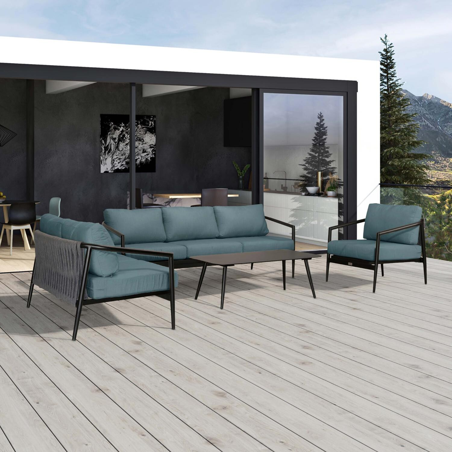 Lakeview Midnight Cove 4 Pc Aluminum Sofa Loveseat Seating Set in Black/Carbon/Cast Lagoon - Detail - Lifestyle thumbnail