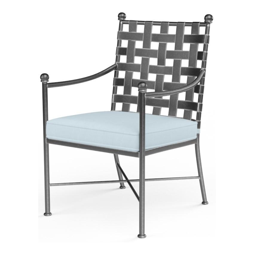 Provence Wrought Iron Dining Arm Chair w/ Self Welt in Pewter/Canvas Skyline by Sunset West