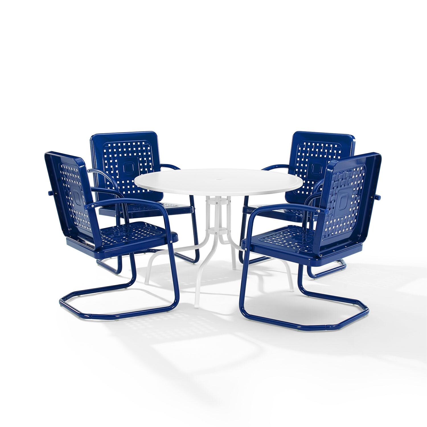 Ultimate Patio UP-32250NV 5Pc Round Retro Outdoor Dining Set in Navy Blue - Chairs Tucked Under Table - White Background thumbnail