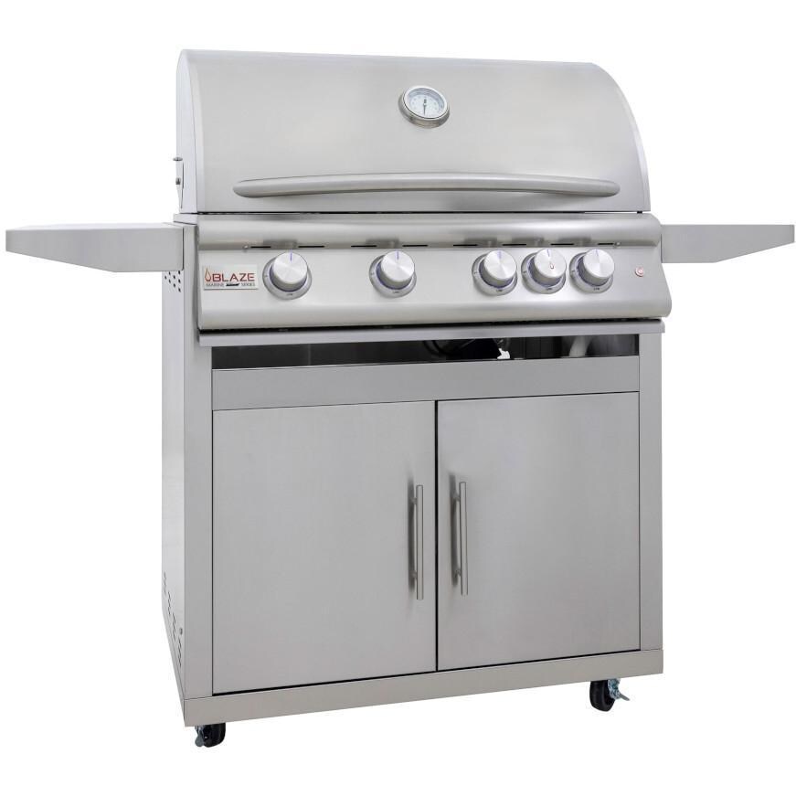 Blaze BLZ-4LTE3MG-LP Premium LTE + Marine Grade 32-Inch 4-Burner Propane Grill With Rear Infrared Burner & Lift-Assist Hood - Angled on Cart - White Background thumbnail