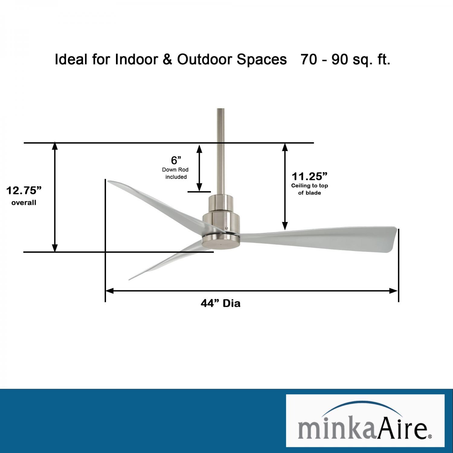 Minka-Aire F786-BNW Simple 44-Inch 3-Blade Ceiling Fan in Brushed Nickel Wet Finish w/ Silver Blades - Dimensions thumbnail