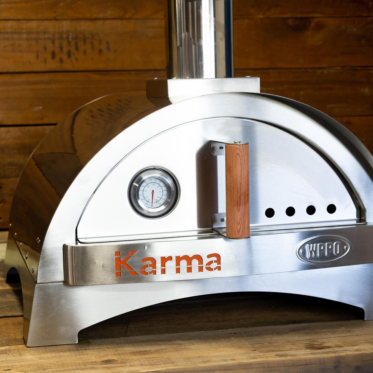 WPPO WKK-01S-304 Karma 25-in Wood Fired Pizza Oven w/ Stainless Steel Base - Left Angled View - Lifestyle thumbnail