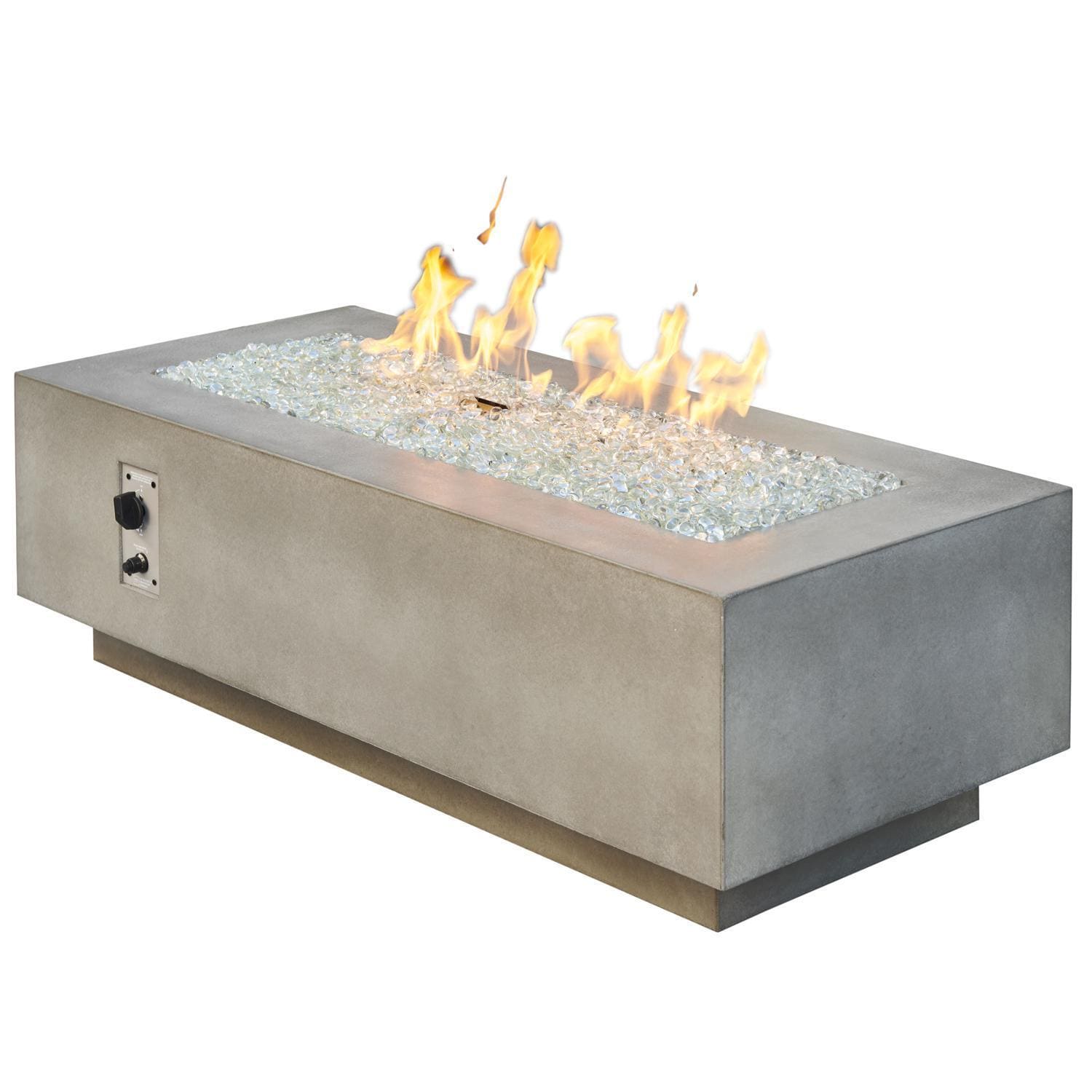Cove 54 Inch Rectangular GFRC Propane Fire Pit Table w/ Electronic Ignition in Natural Gray by The Outdoor GreatRoom Company - White Background thumbnail