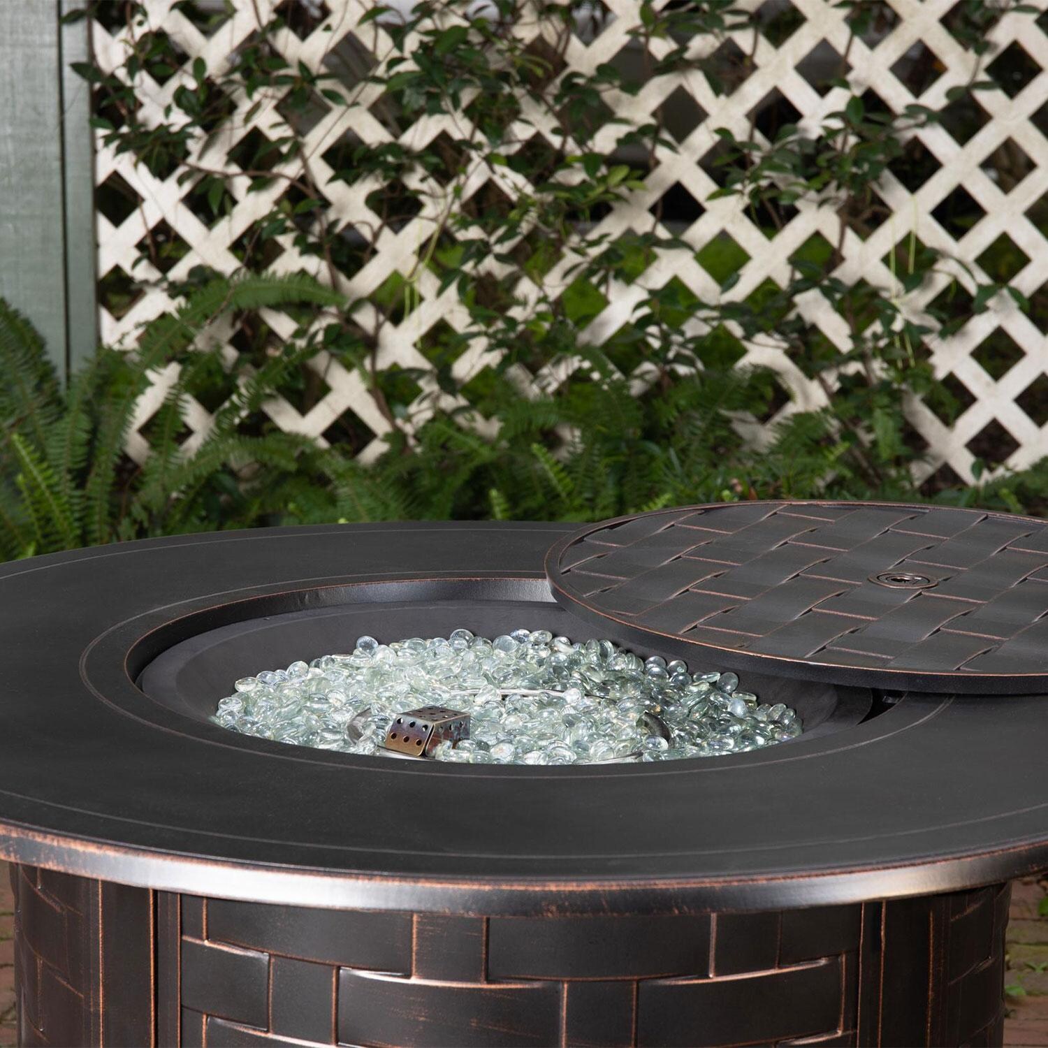 Ultimate Patio Magnolia Way 50,000 BTU Propane Round Fire Pit Table - Woven Cast Aluminum - 62208 - Lid Open thumbnail