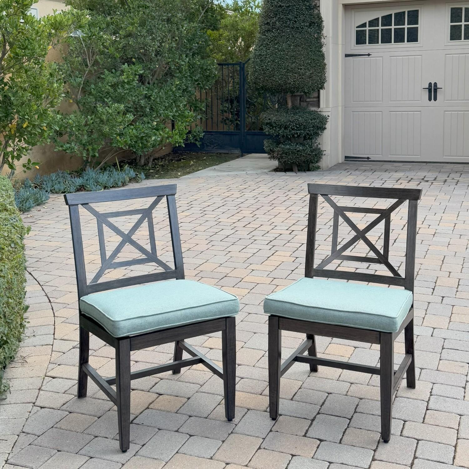 Atlantis 7 Pc Aluminum Dining Set w/ 2 Dining Side Chairs, 4 Two Person Benches & Extension Table in Walnut/Spa by Darlee - Chair - Lifestyle thumbnail