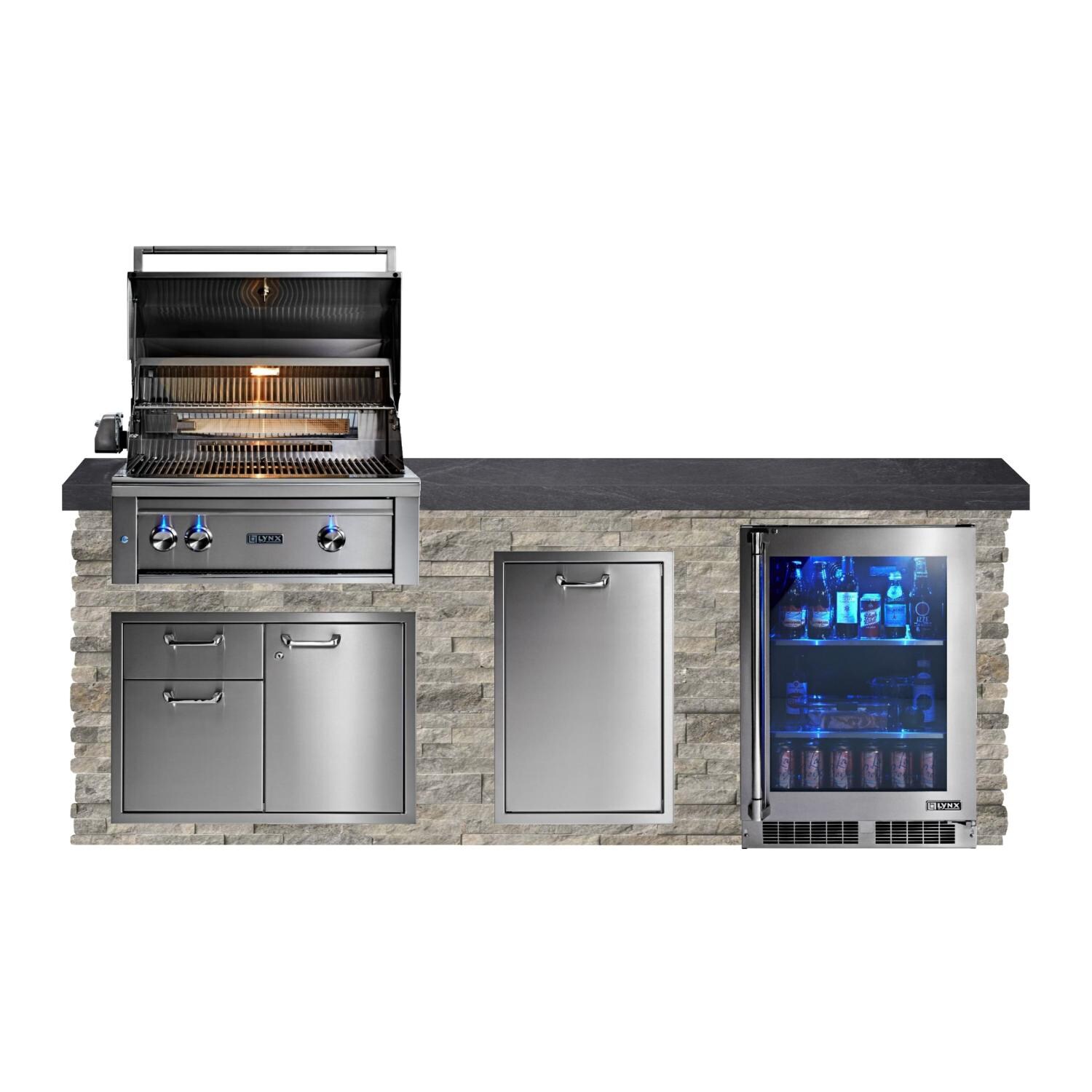 BBQGuys Signature 8ft Luxury Outdoor Kitchen w/ Lynx Professional 30-Inch Propane Grill & Refrigerator - Silver Travertine Stone w/ Black Polished Granite