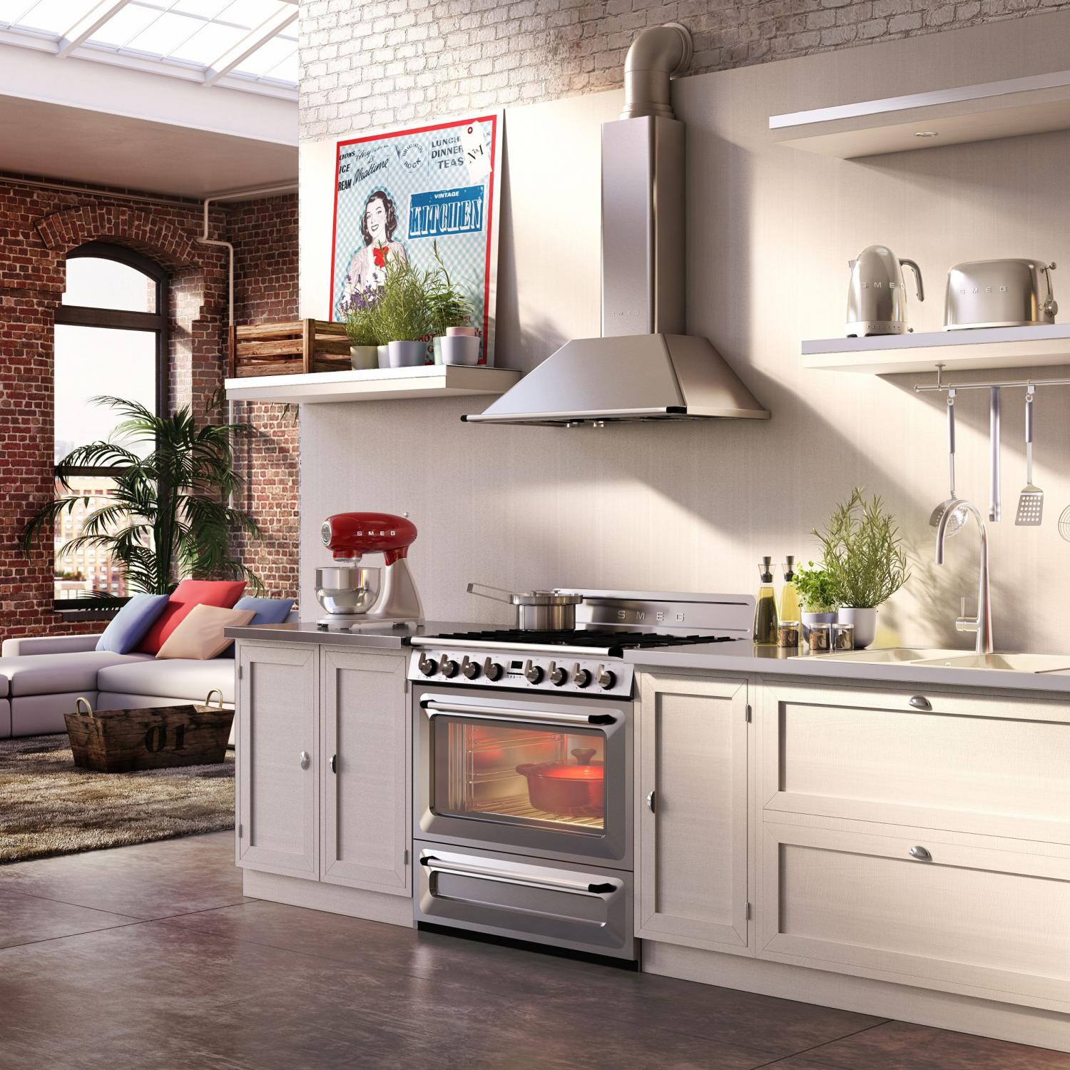 SMEG Victoria 36-Inch Wall Mount Vent Hood in Stainless Steel Shown Installed - KT90XU thumbnail