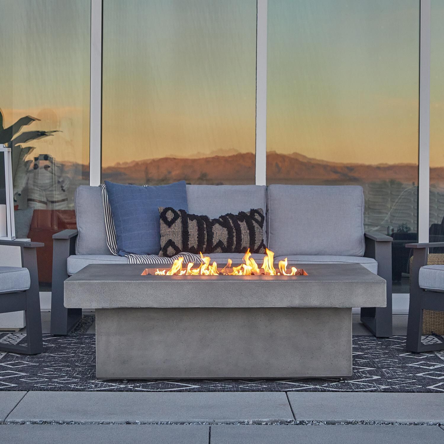 Hickory Bay 3708NG-ASH 60 Inch Rectangular GFRC Natural Gas Fire Pit Table in Ash by BBQGuys Signature - Patio Close Up - Lifestyle thumbnail