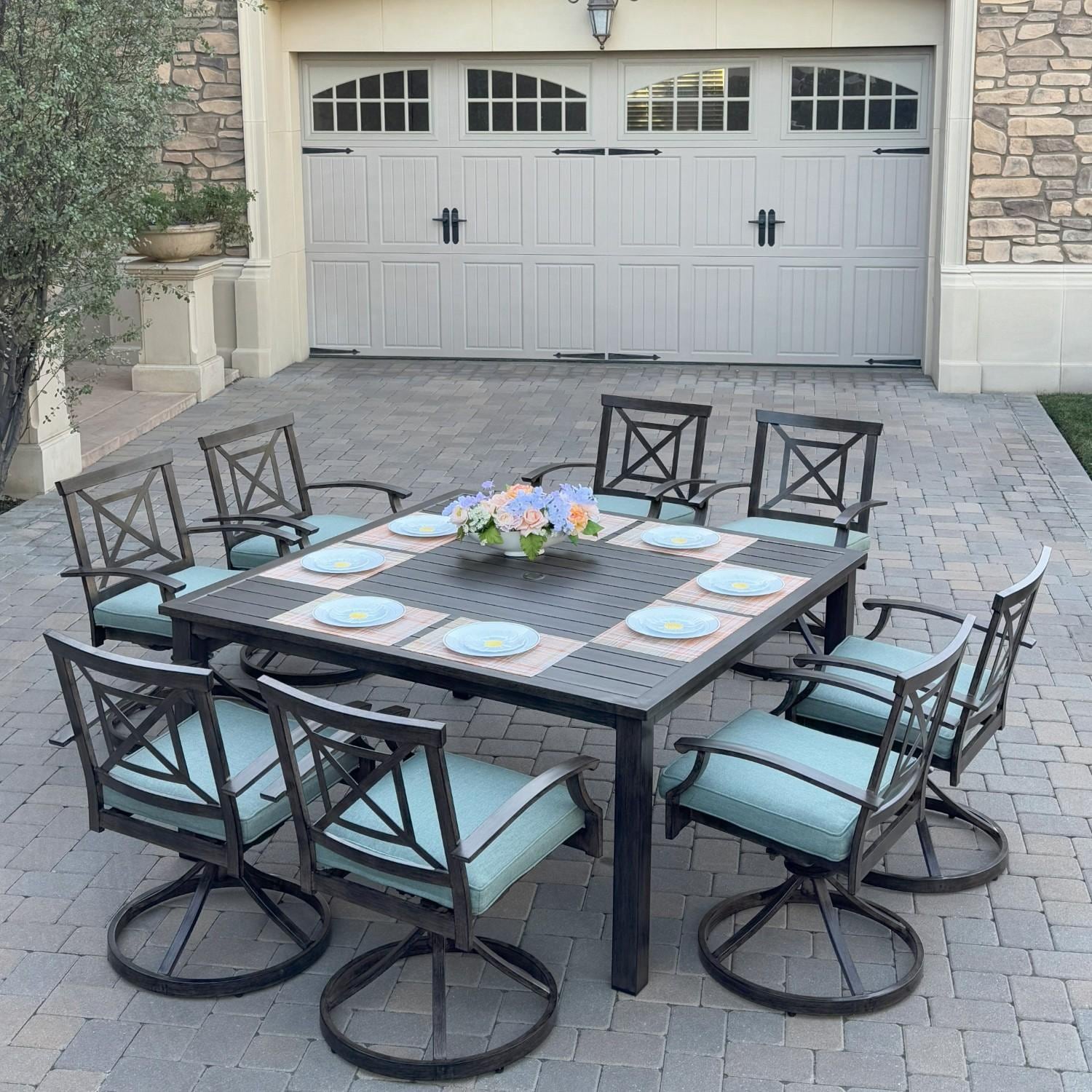 Atlantis 9 Pc Aluminum Dining Set w/ 8 Swivel Rocker Dining Arm Chairs in Walnut/Spa by Darlee