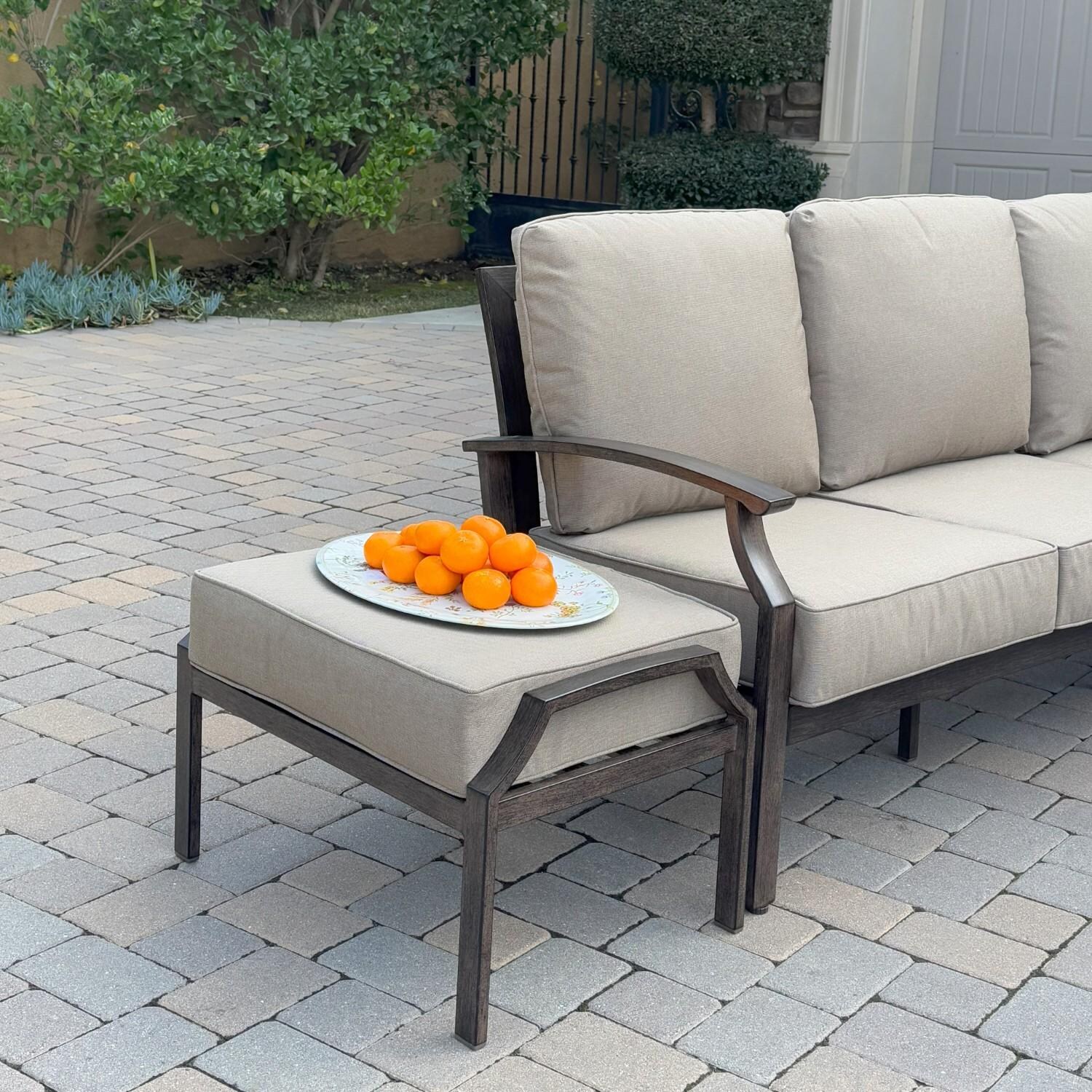 Atlantis 6 Pc Aluminum Fire Pit Seating Set w/ 2 Swivel Rocker Club Chairs, 2 Ottomans & Sofa in Walnut/Beige by Darlee - Ottoman - Lifestyle thumbnail