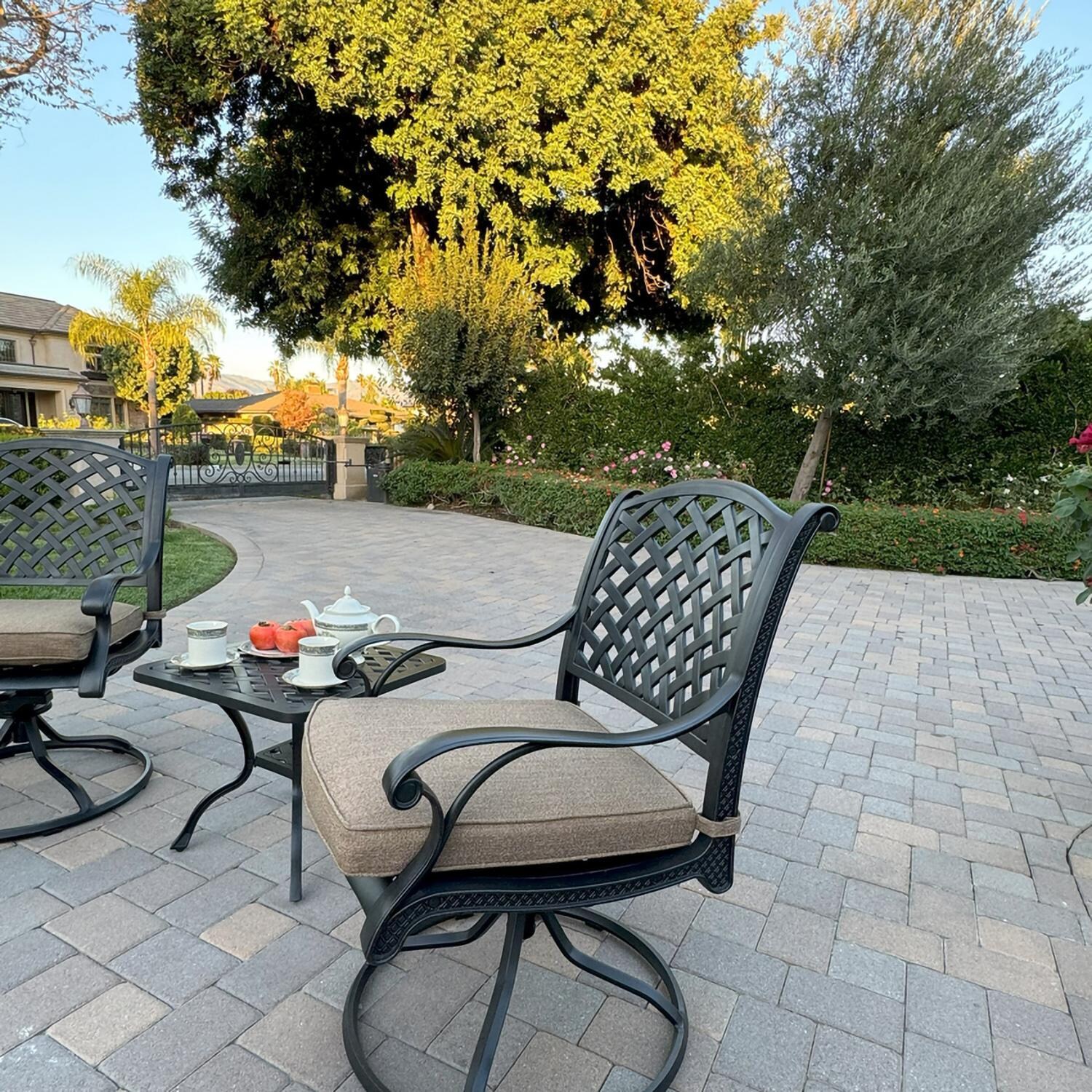 Darlee B/DL13-3PCR-30A-S Nassau 3 Pc Cast Aluminum Conversation Set w/ Rocker in Antique Bronze w/ Sesame Cushions - Chair Angle - Lifestyle thumbnail