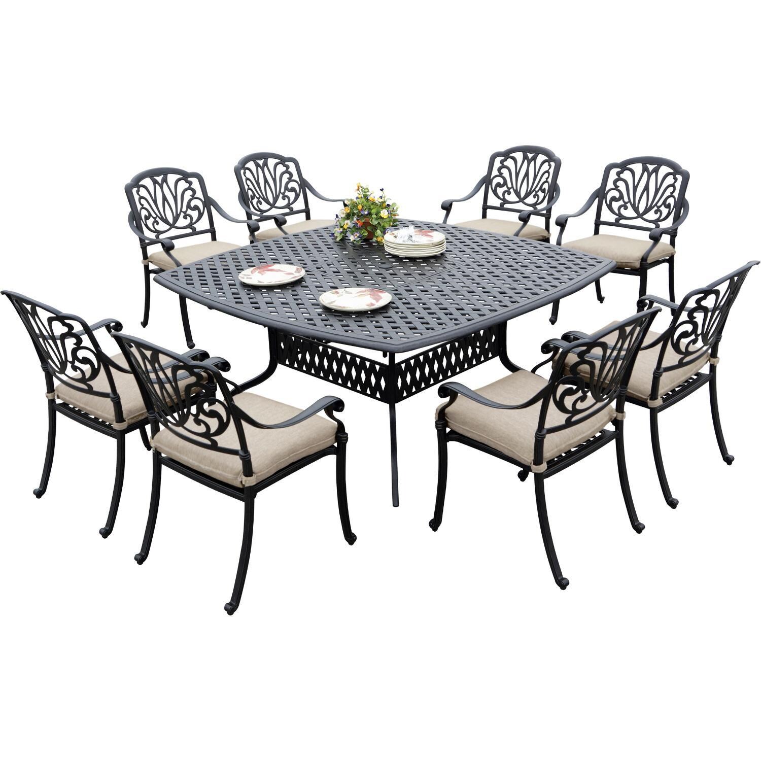 Darlee Elisabeth 9 Pc Cast Aluminum Dining Set w/ 64 Inch Series 30 Table in Antique Bronze/Beige - Set - White Background thumbnail