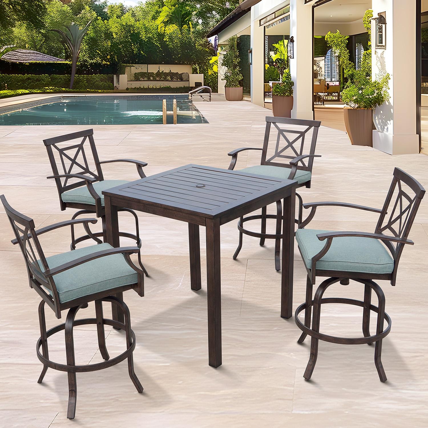 Atlantis 5 Pc Aluminum Bar Height Set w/Spa Cushions in Walnut By Darlee - Lifestyle thumbnail
