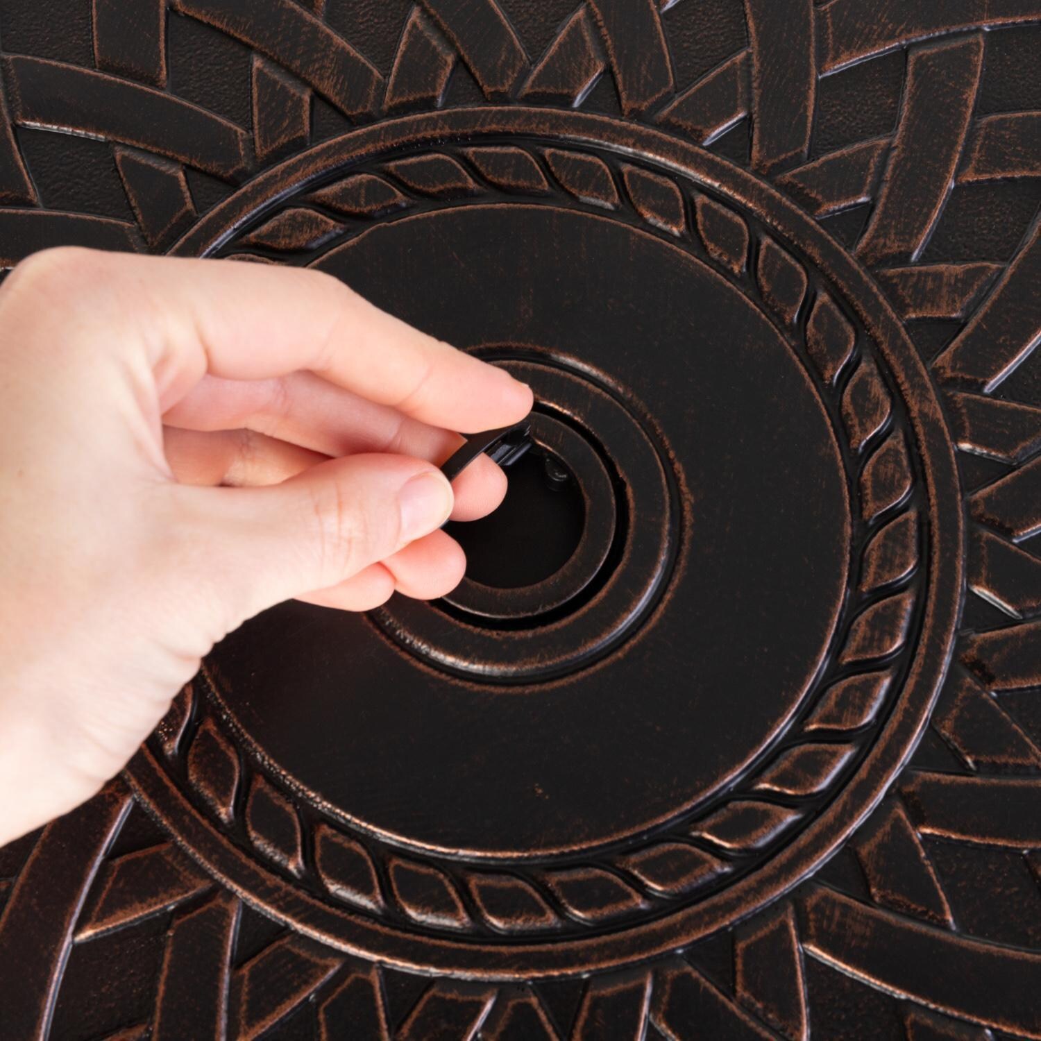 Palm Way 3 Pc Resin Wicker Fire Pit Seating Set in Mocha by Ultimate Patio - Fire Pit - Cover Handle - Detail thumbnail